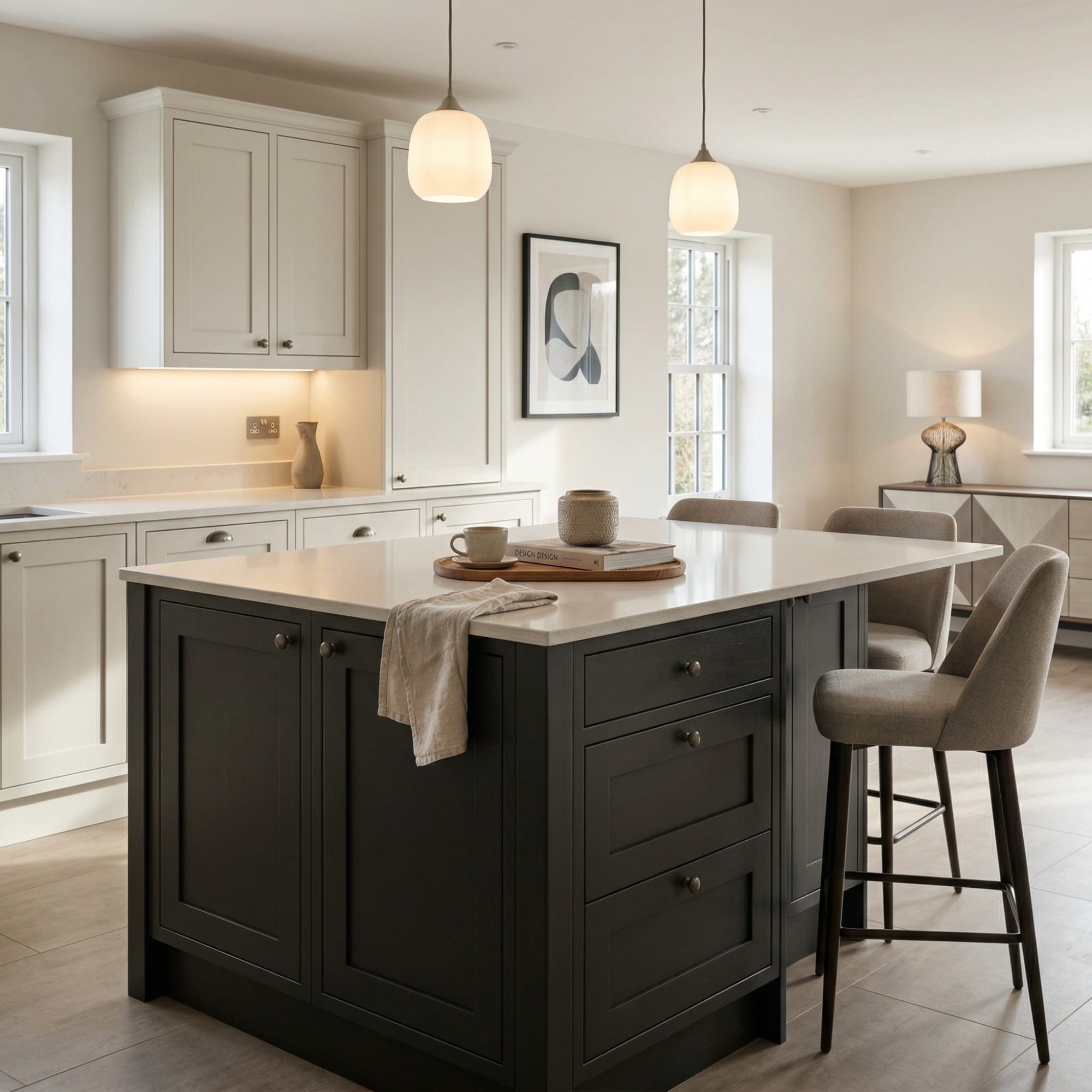 Bespoke kitchen island detail, contemporary painted lay-on cabinetry with quality joinery