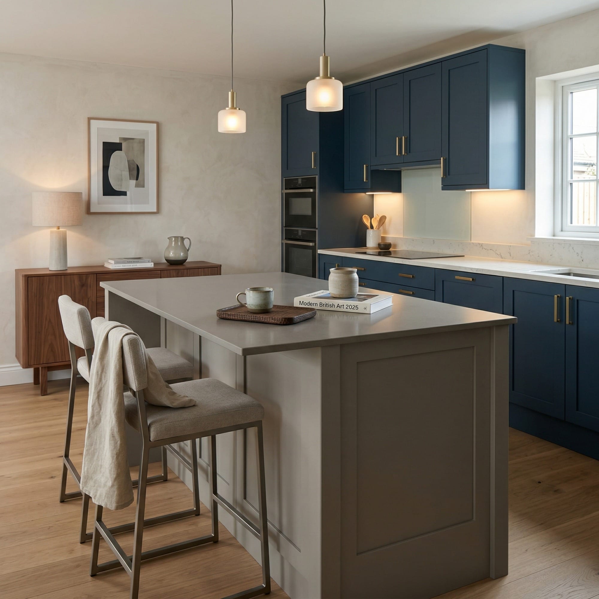 Kitchen island detail, matt painted handleless slab cabinetry with quality joinery by Mastercraft