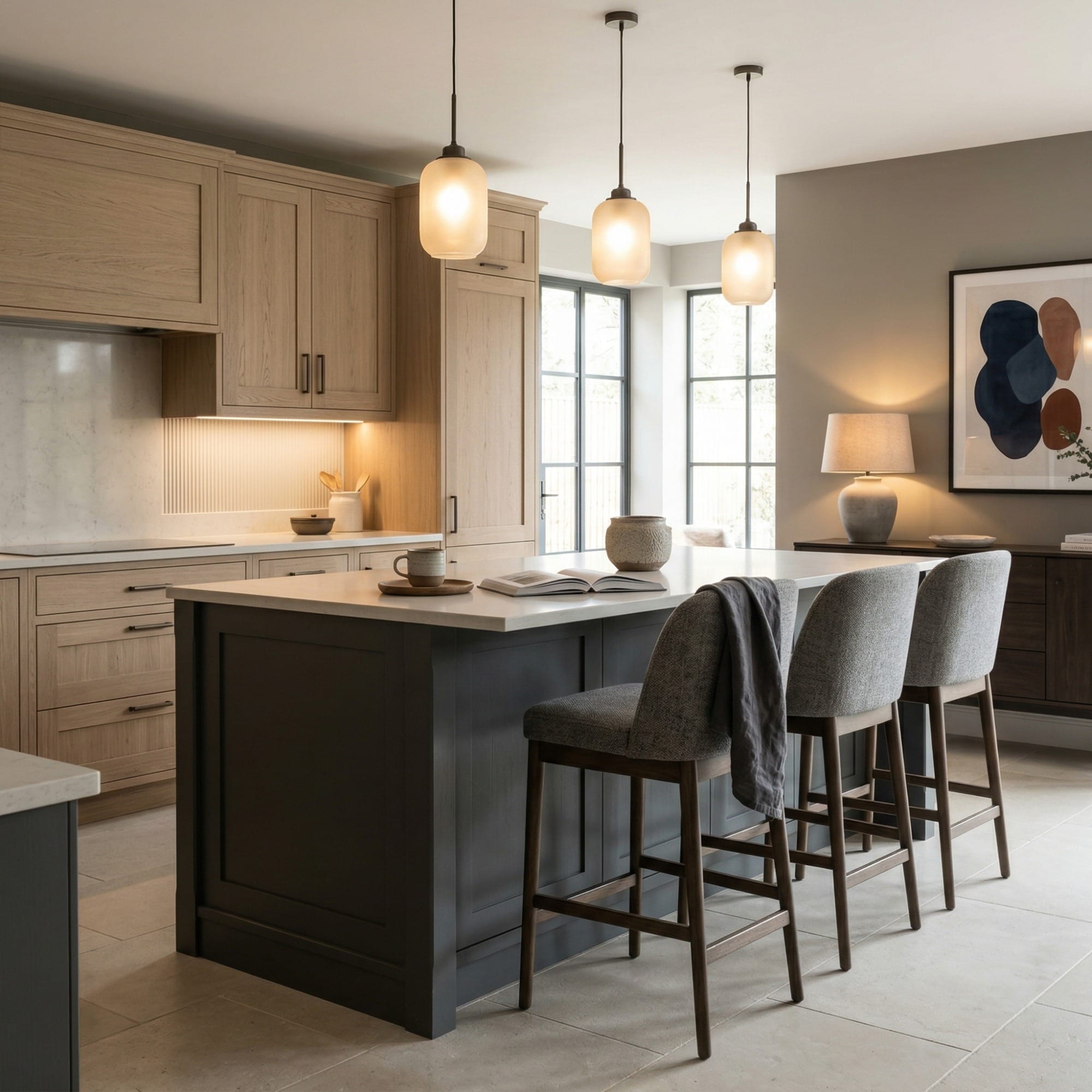 Kitchen island detail, matt painted handleless slab cabinetry with quality joinery by Mastercraft