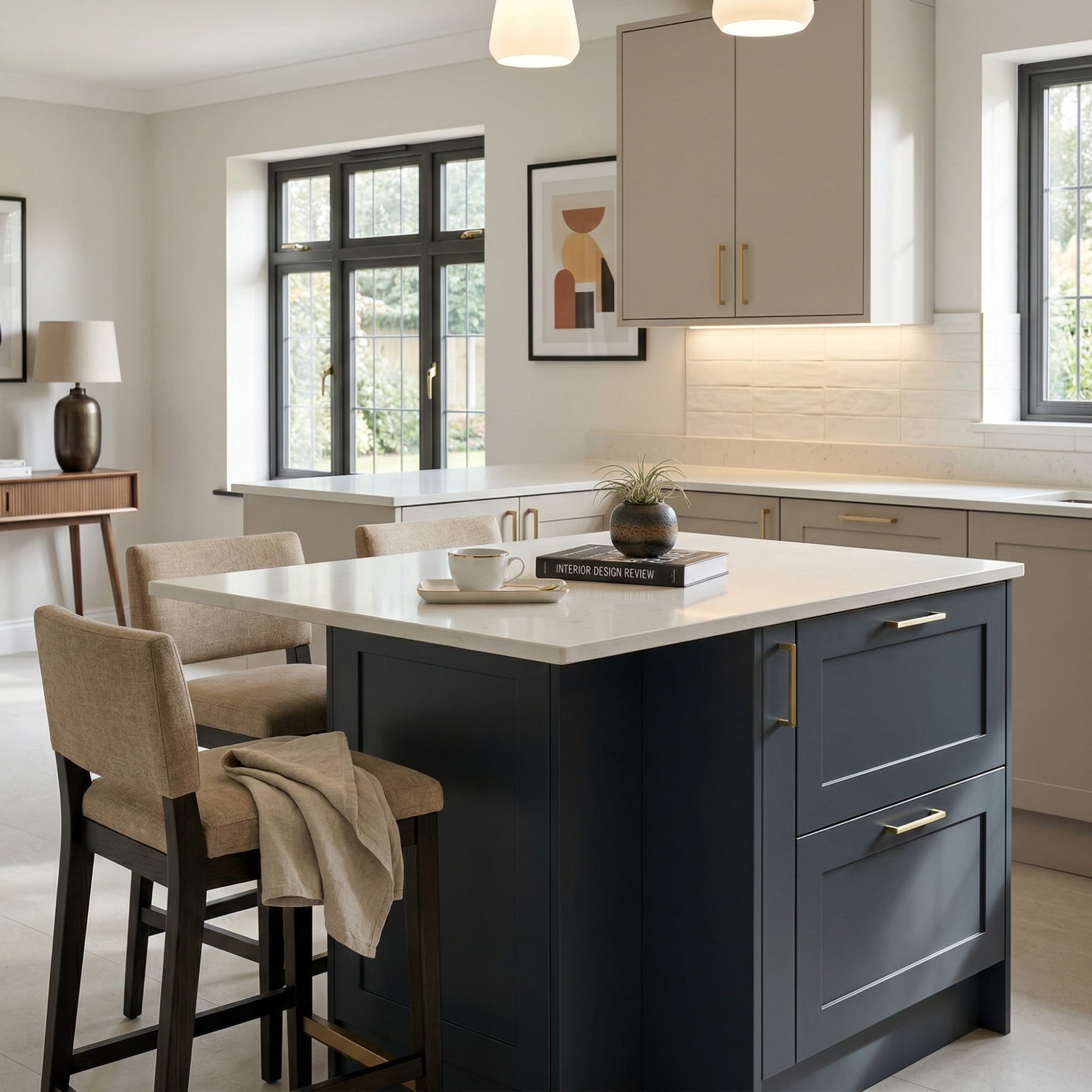 Kitchen island detail, contemporary painted lay-on cabinetry with quality joinery by Mastercraft