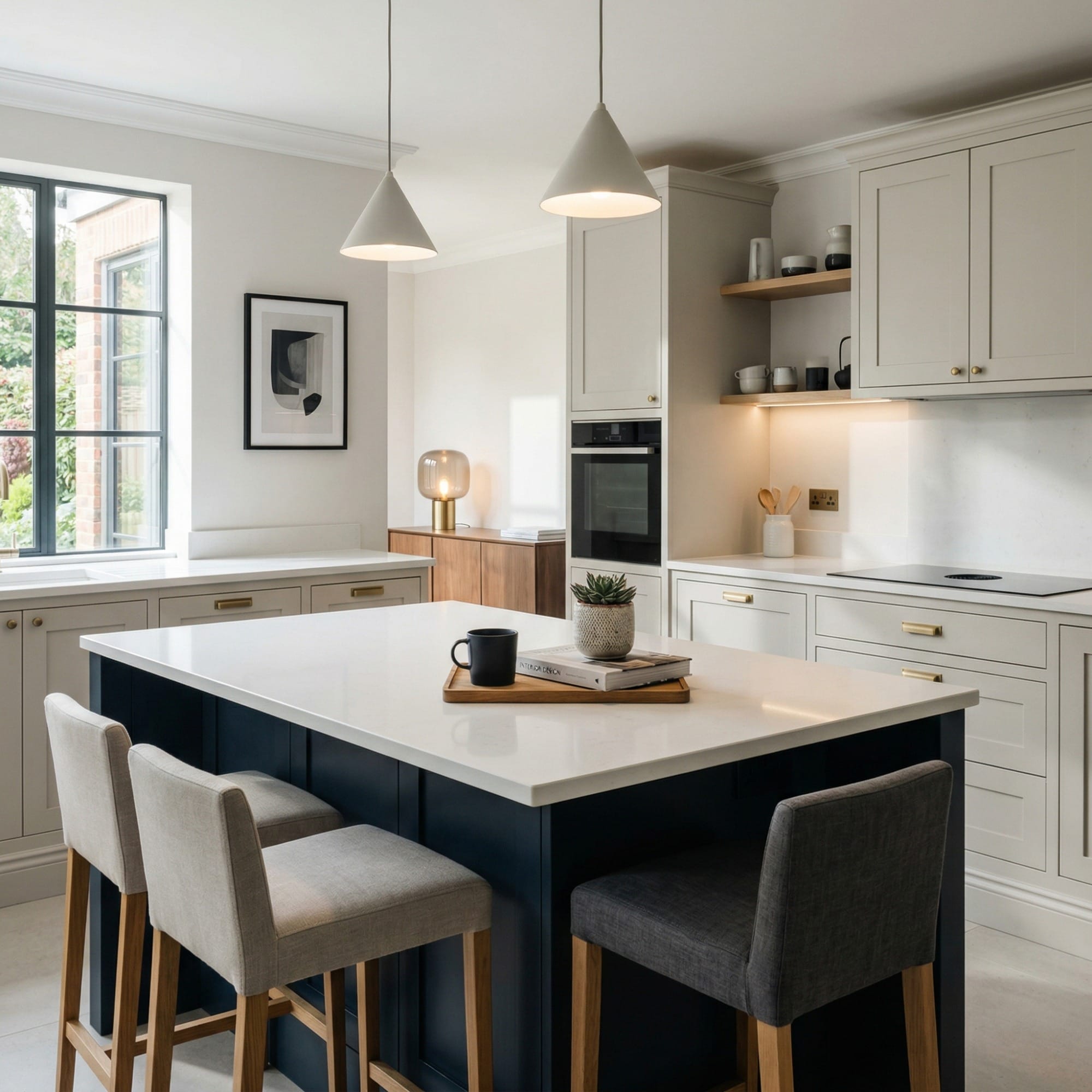 Kitchen island detail, contemporary painted lay-on cabinetry with quality joinery by Mastercraft