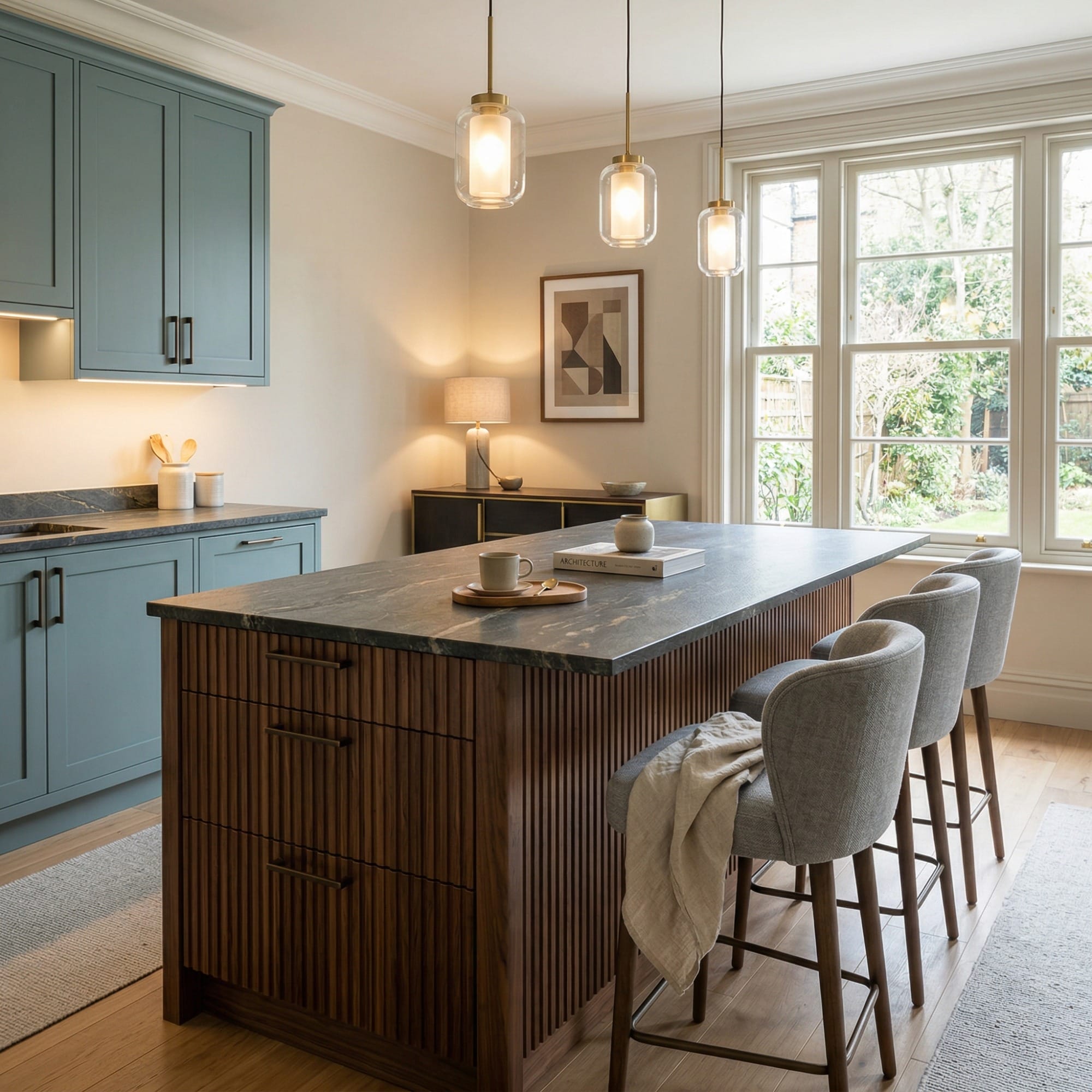Kitchen island detail, contemporary painted lay-on cabinetry with quality joinery by Mastercraft