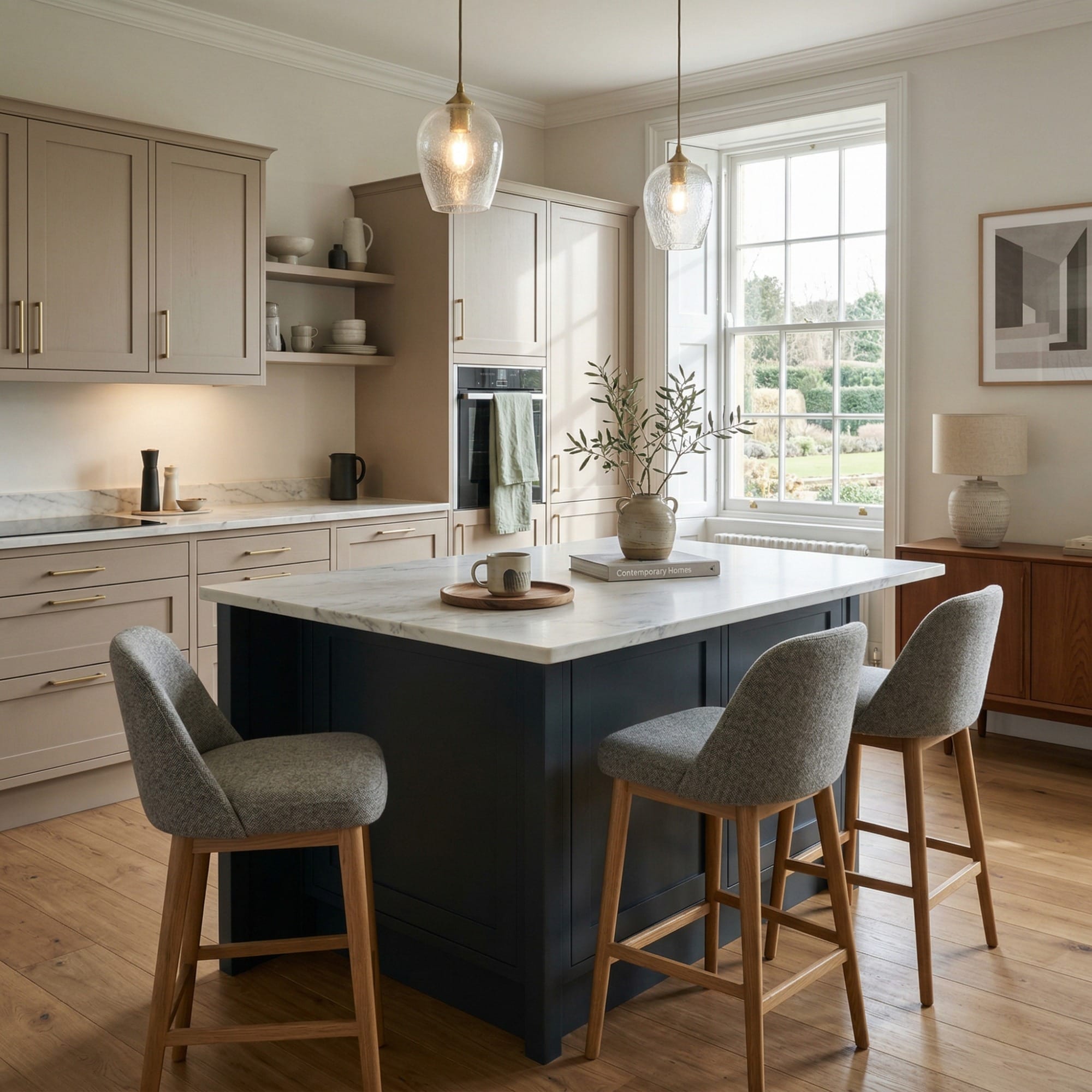 Kitchen island detail, matt painted handleless slab cabinetry with quality joinery by Mastercraft