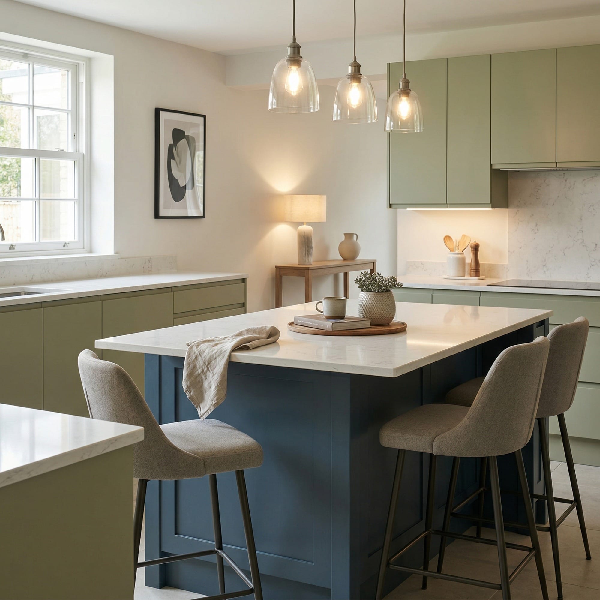 square1_800x800-96 Kitchen island detail, matt painted handleless slab cabinetry with quality joinery by Mastercraft