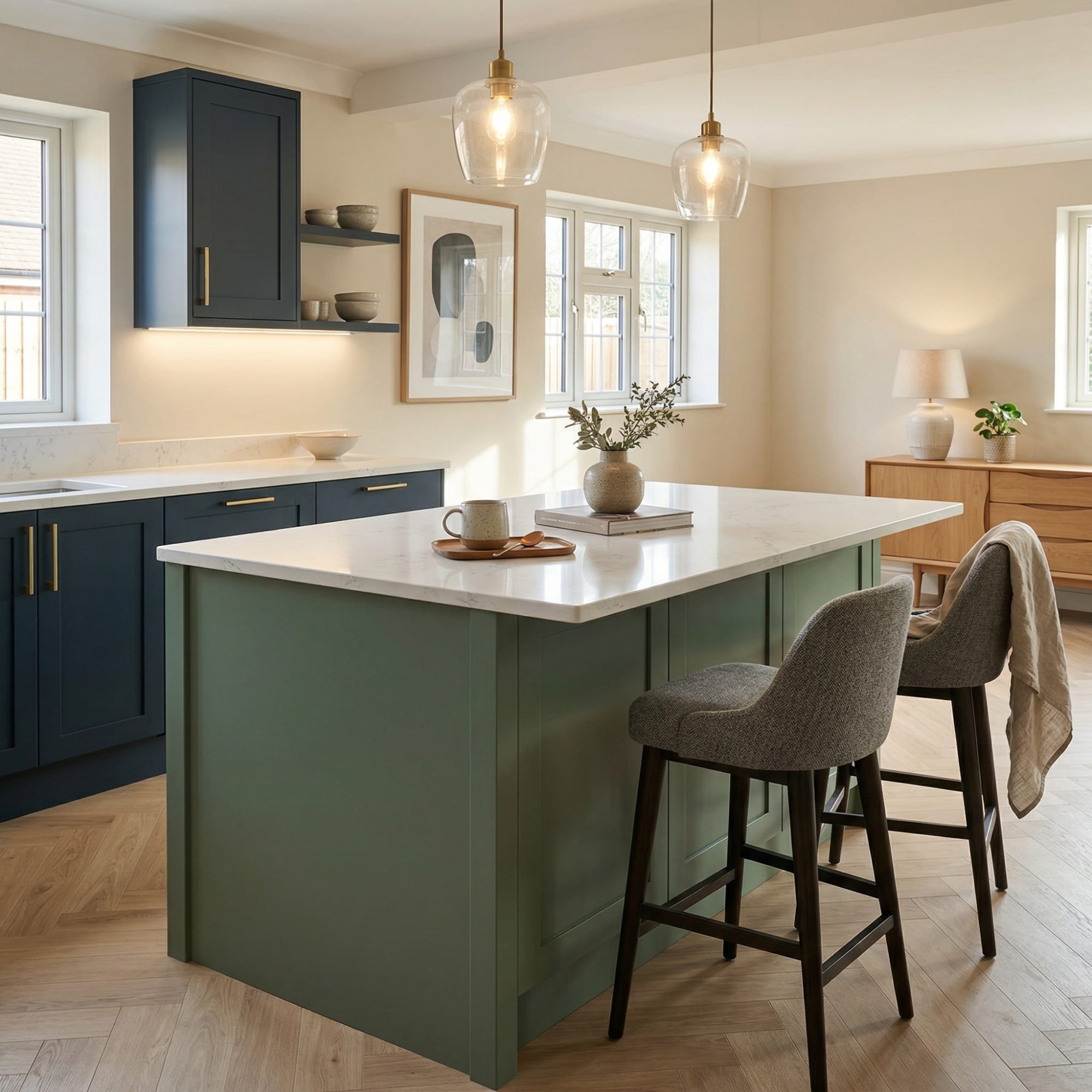 Kitchen island detail, contemporary painted lay-on cabinetry with quality joinery by Mastercraft