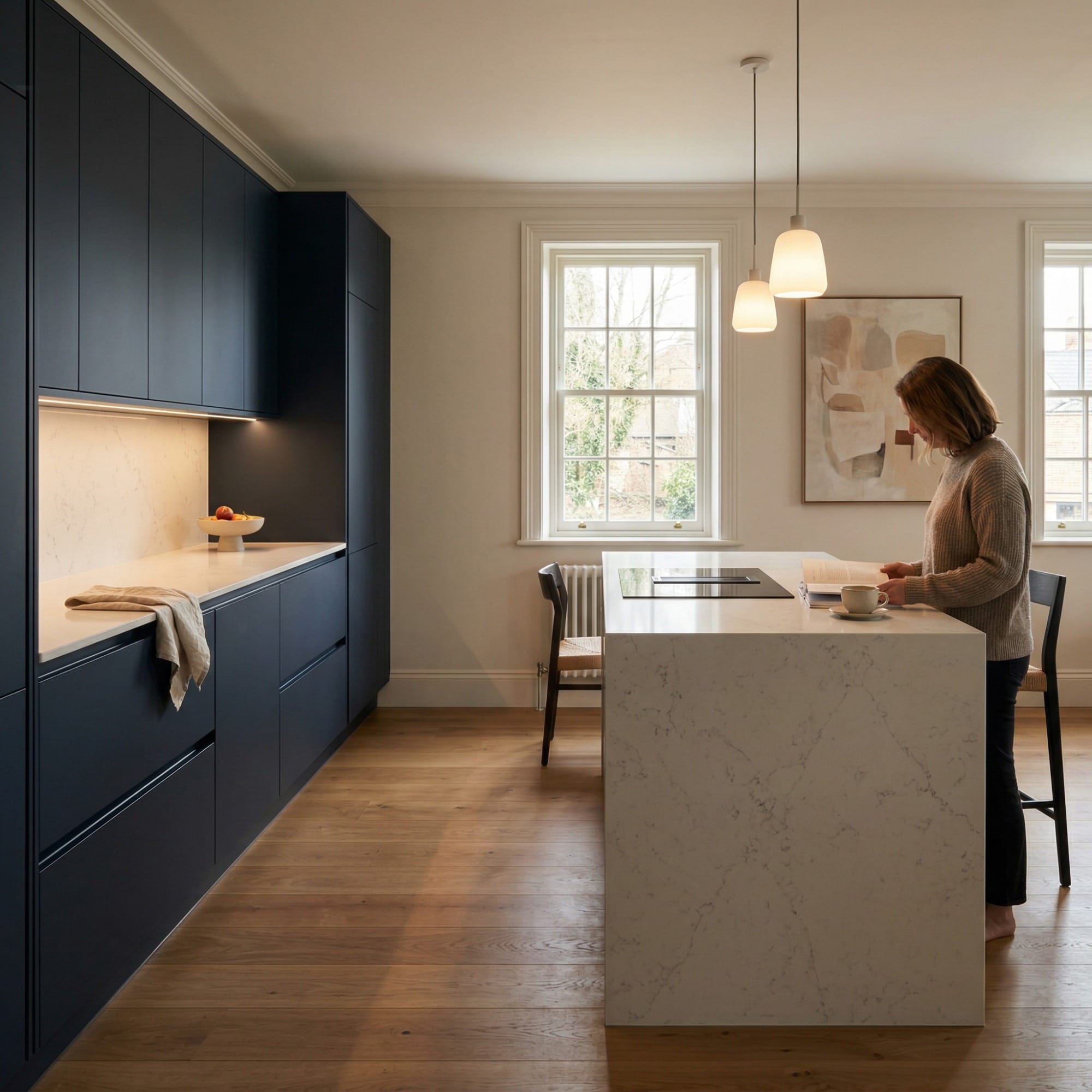 square2_800x800-116 Modern kitchen with navy cabinets, marble island and pendant lights
