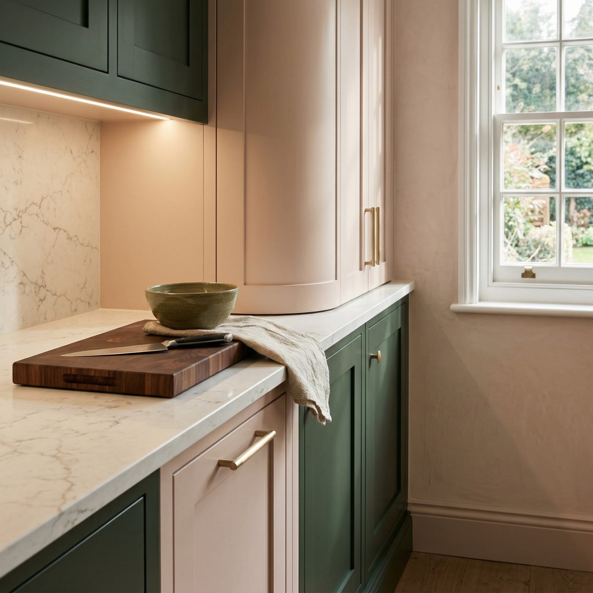 Green and blush pink kitchen cupboards with marble worktop and gold handles