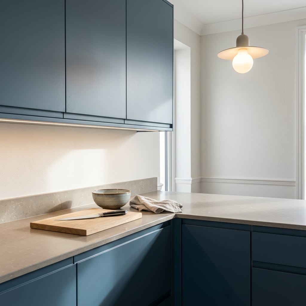 matte blue handleless cupboards with pale stone worktop and pendant light