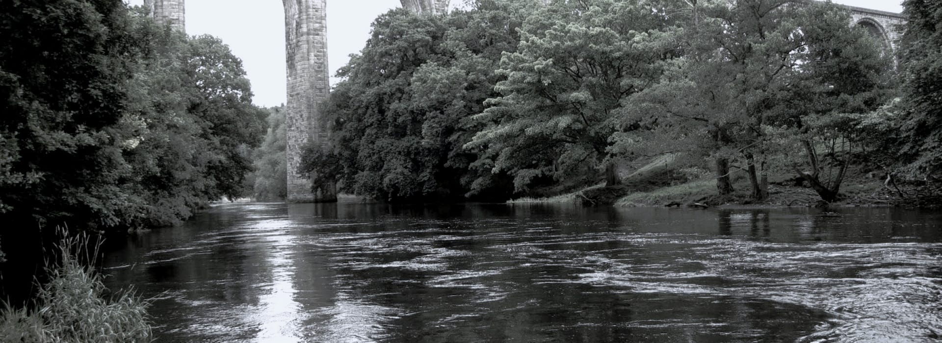 stone viaduct arches above river with dense green trees on both banks