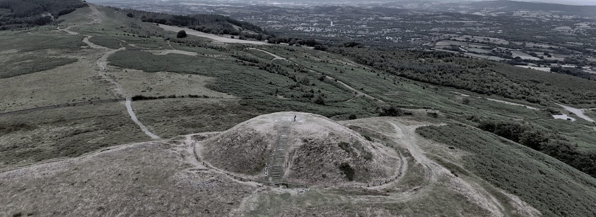 grassy hill with central stone steps and winding paths, muted green landscape