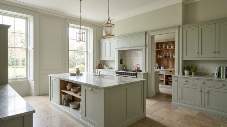 Sage green shaker kitchen with a marble-topped island, stone flagstone flooring, brass pendants, and a walk-in pantry