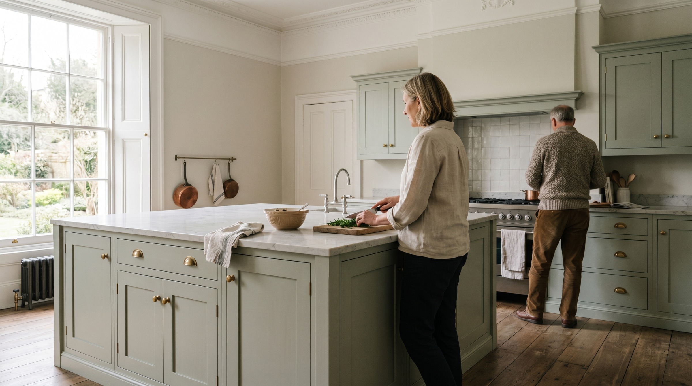 Lifestyle kitchen scene with painted lay-on shaker cabinetry, considered materials and a calm British interior mood, created to illustrate Designing a kitchen that works hard when you cook seriously