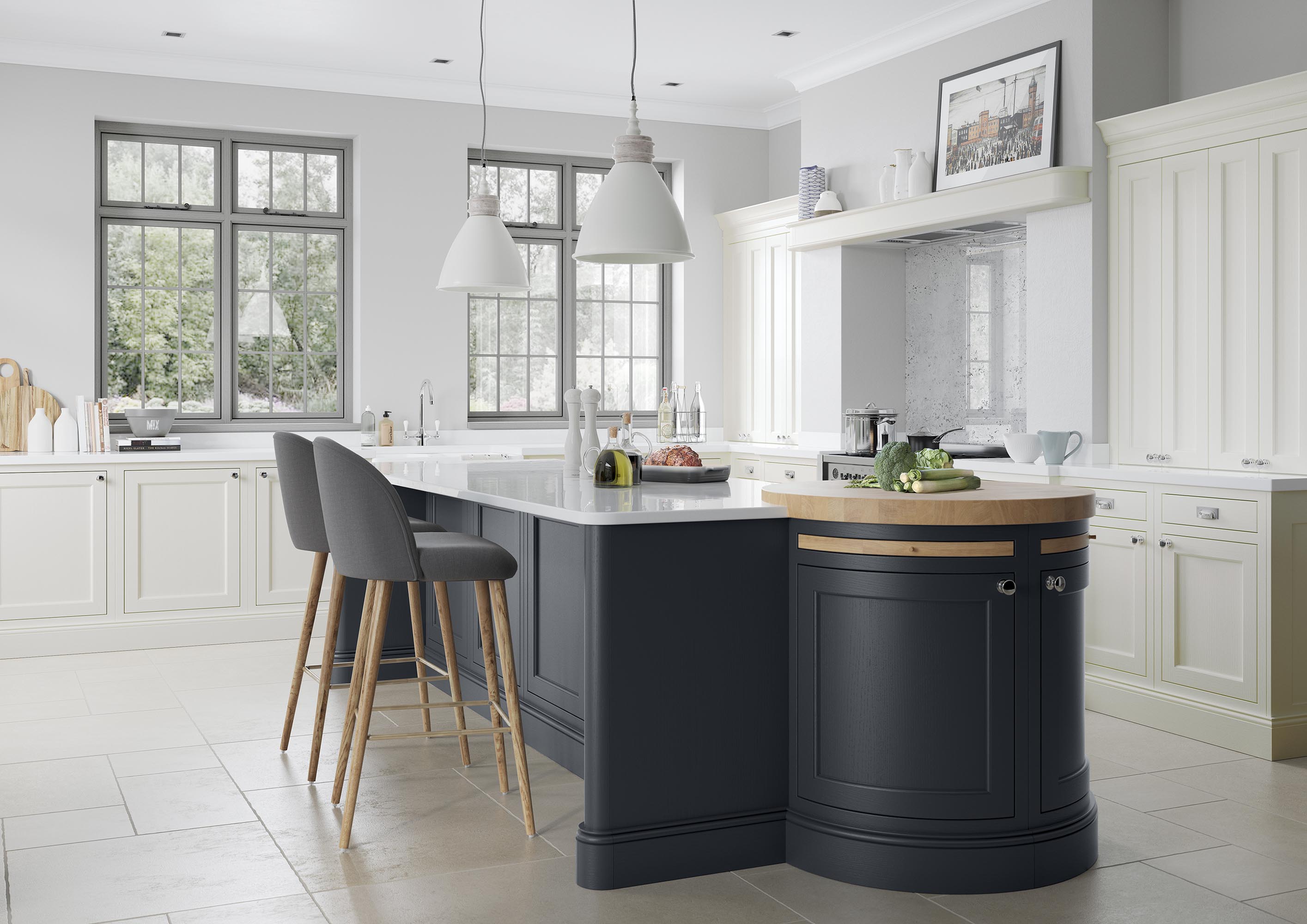 Dark blue shaker island with a wooden chopping block, off-white units, and white marble-effect worktops