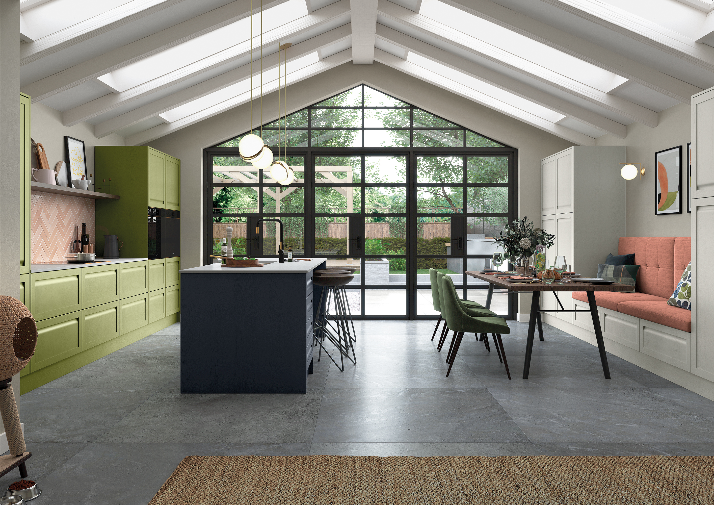 Green and dark blue handle-less kitchen with an island, vaulted ceiling, and large grey floor tiles