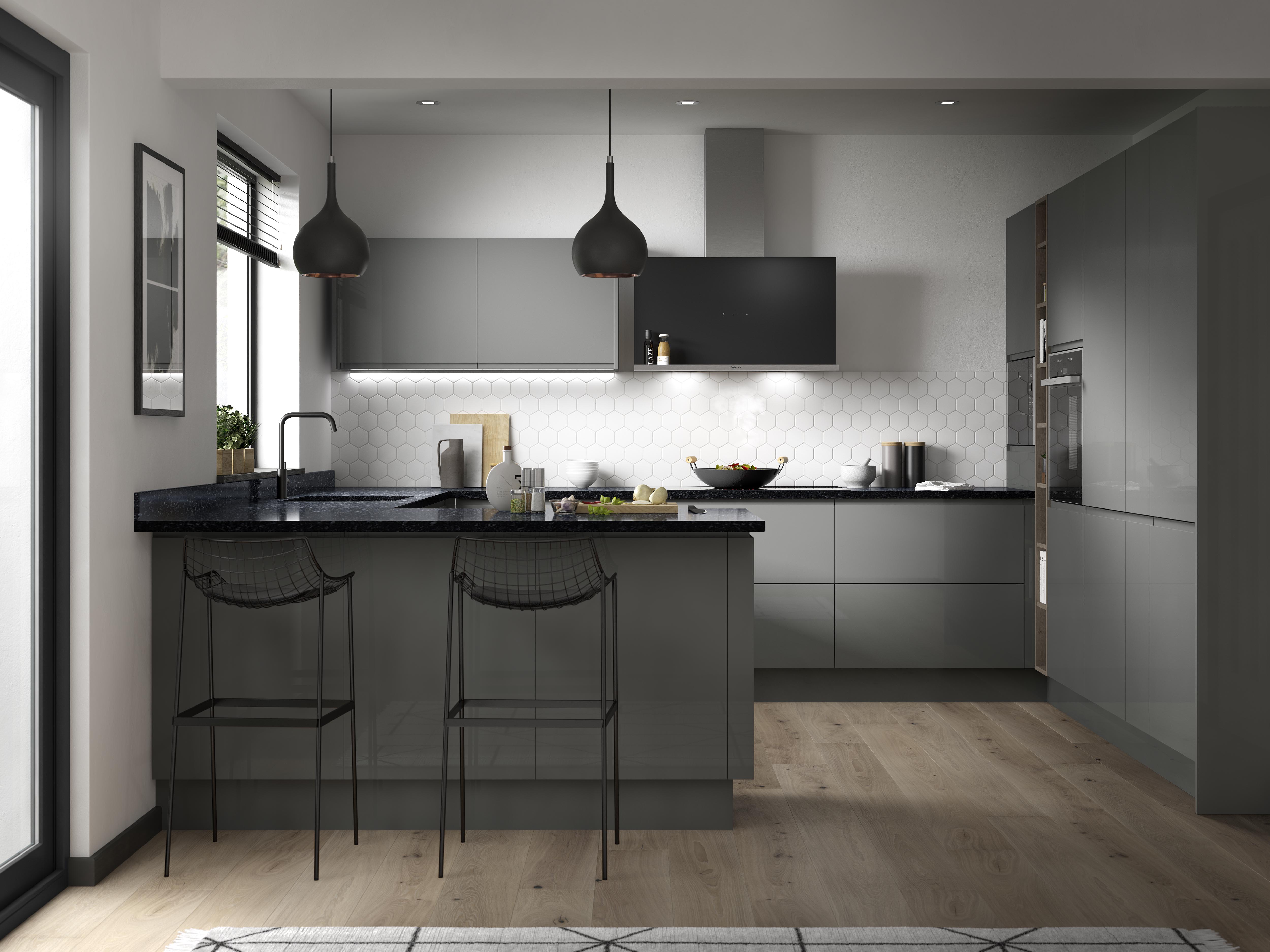 L-shaped kitchen with glossy grey handle-less cabinets, black speckled worktops, a peninsula, and light wood flooring