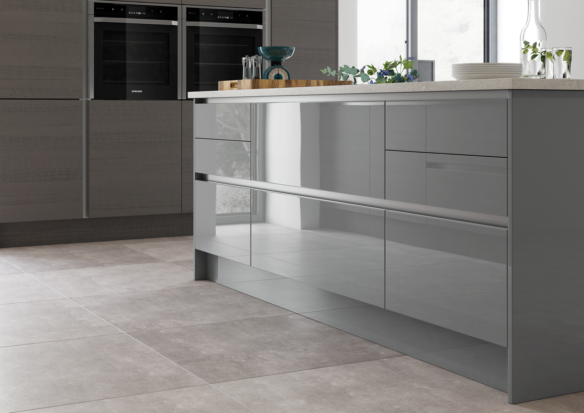 Grey high-gloss handle-less island with a stone-effect worktop, dark wood-effect units, and large grey floor tiles