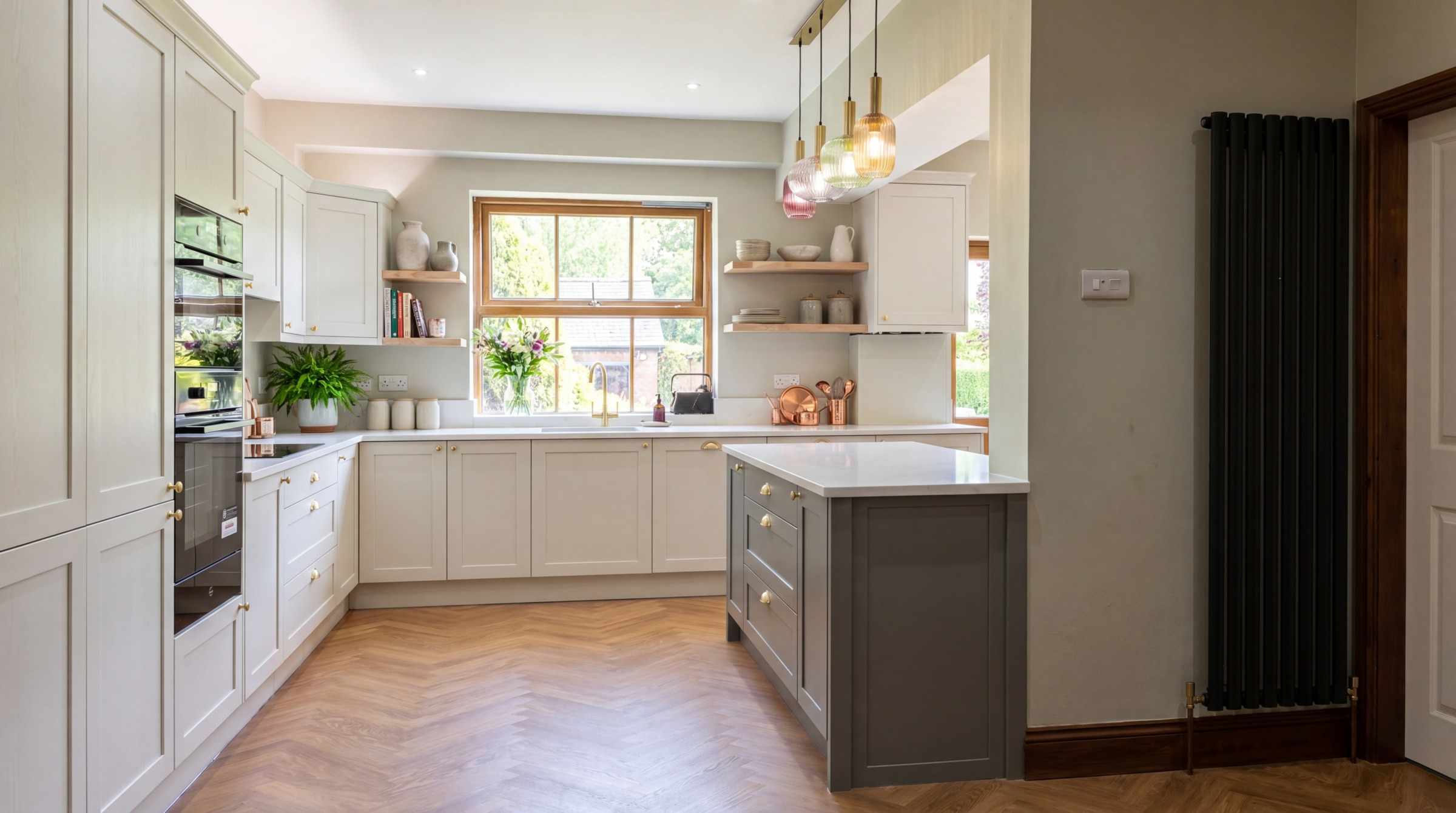 L-shaped off-white Shaker kitchen with a dark grey island, white worktops, and herringbone wood-effect flooring