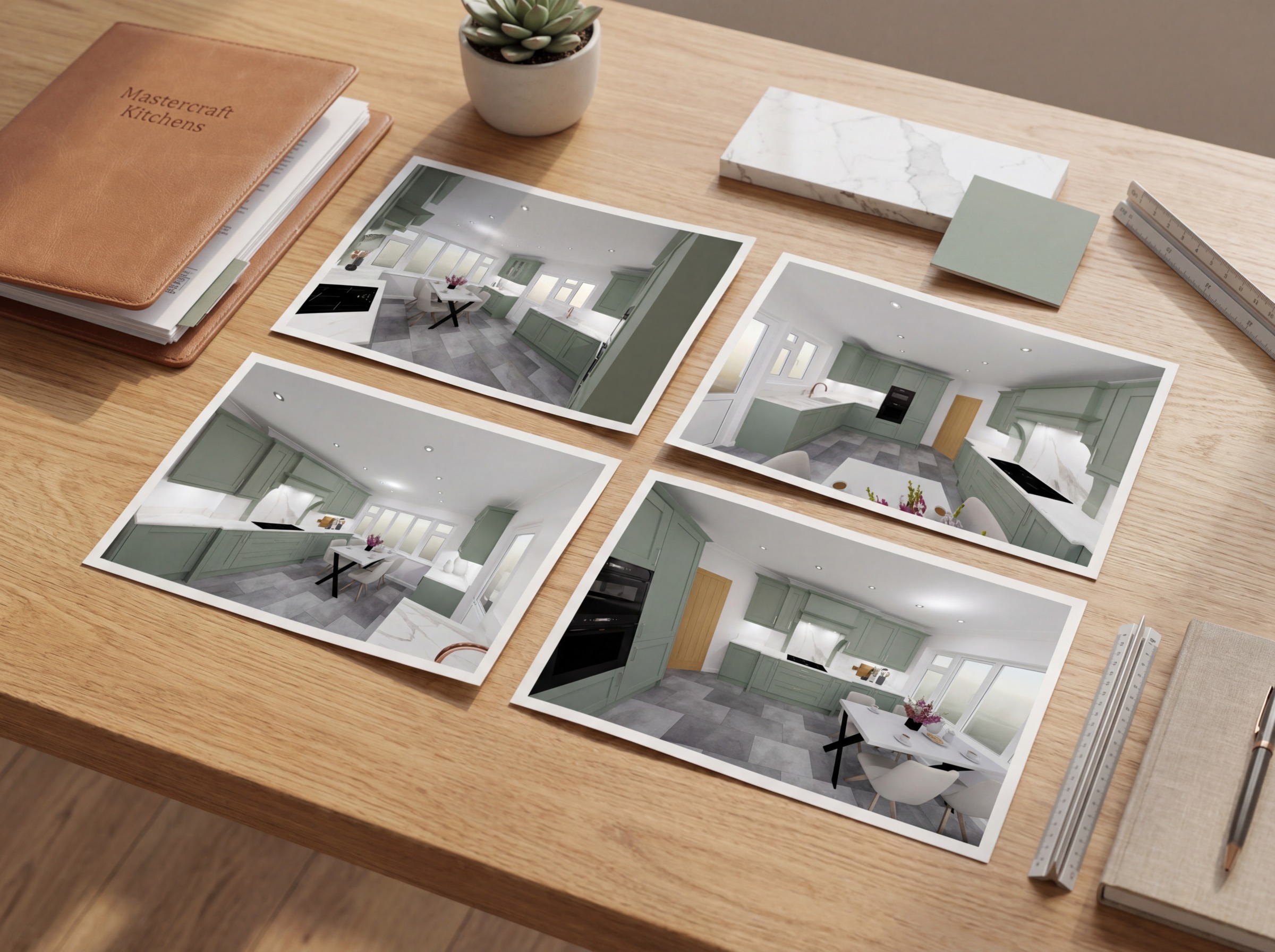 Kitchen designers proposal with four printed out reed green shaker kitchen designs on a wooden desk