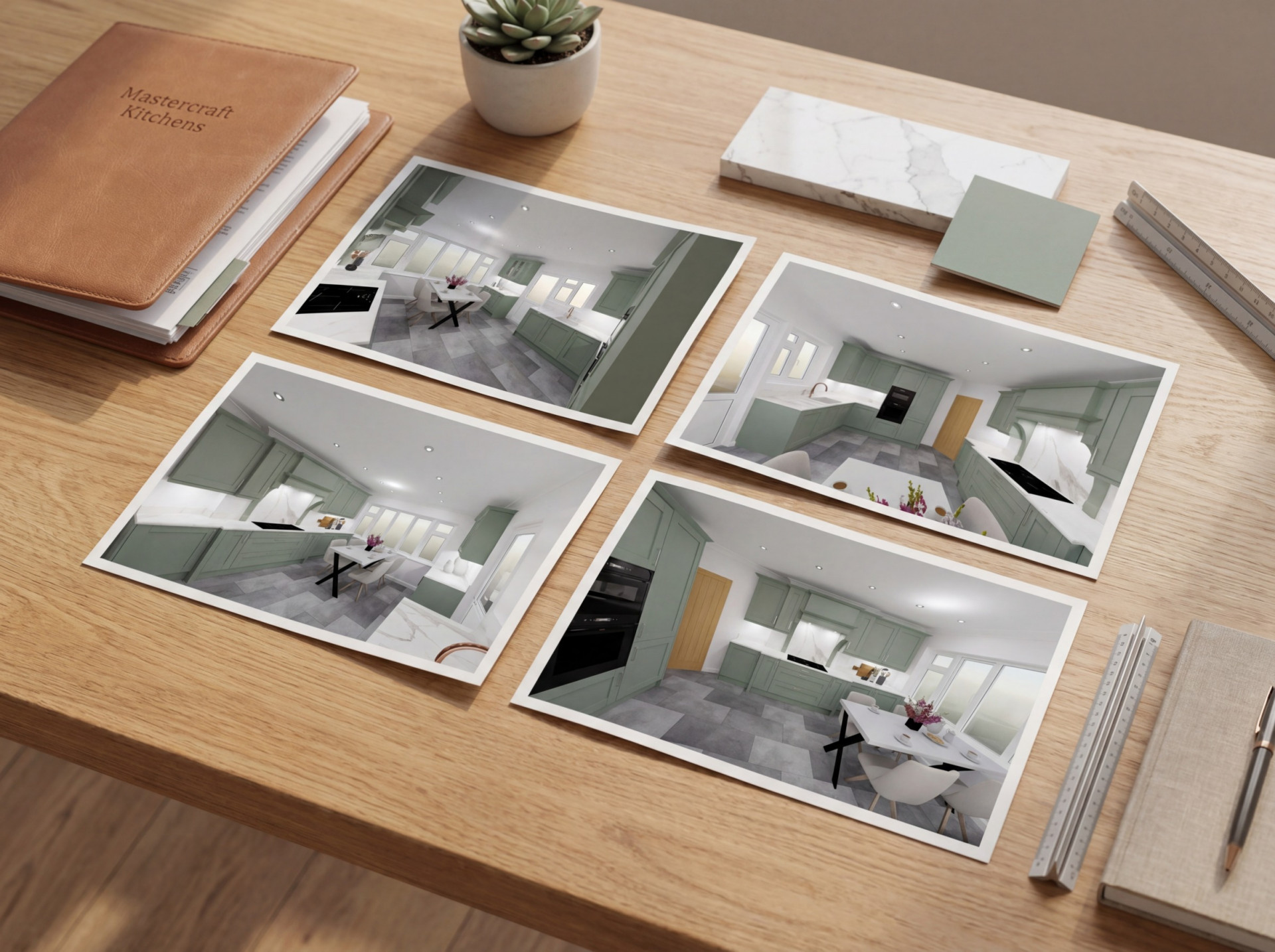 Kitchen designers proposal with four printed out reed green shaker kitchen designs on a wooden desk
