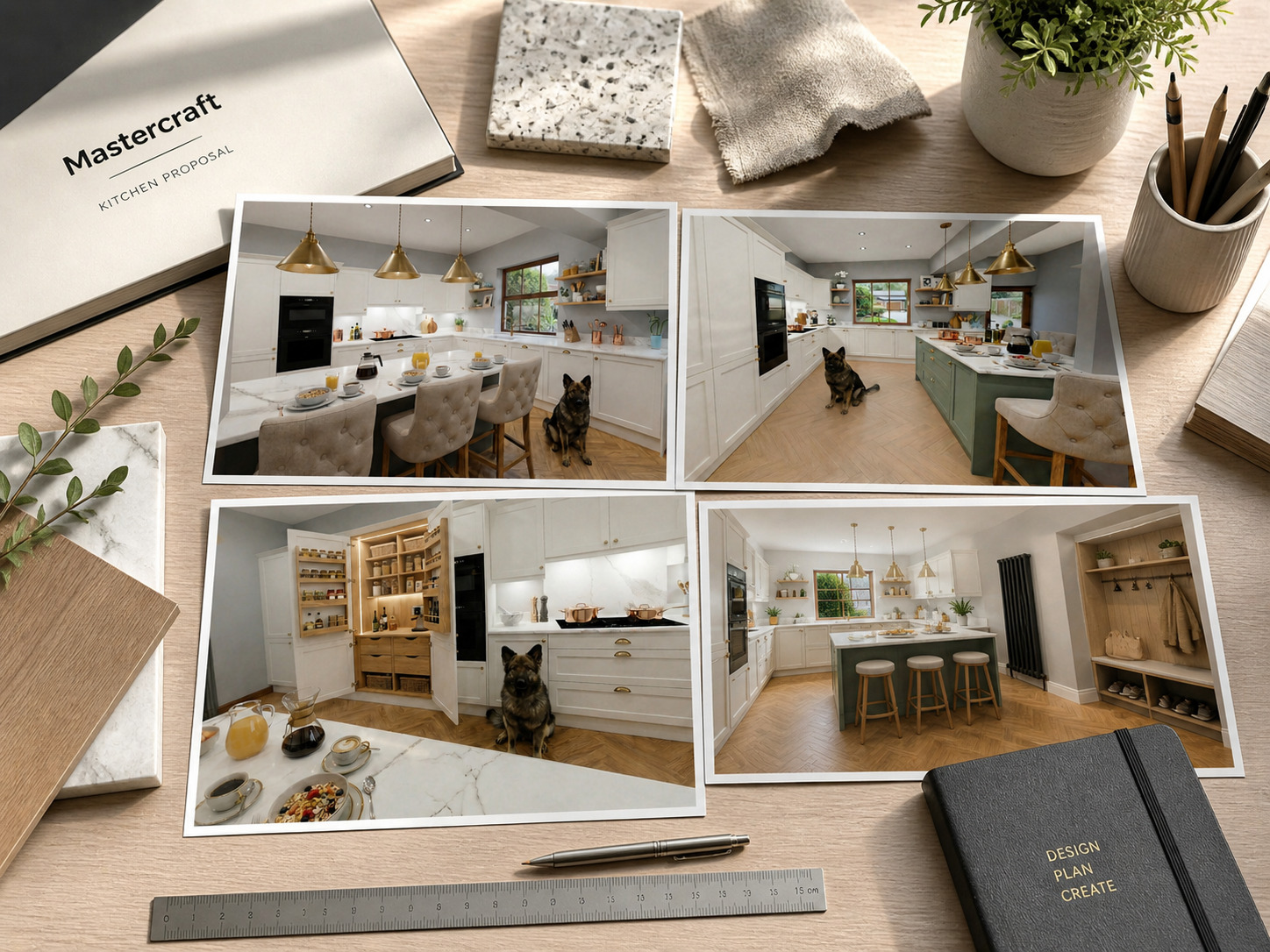 White shaker kitchen with a sage green island, marble-effect worktops, herringbone flooring and brass pendant lights