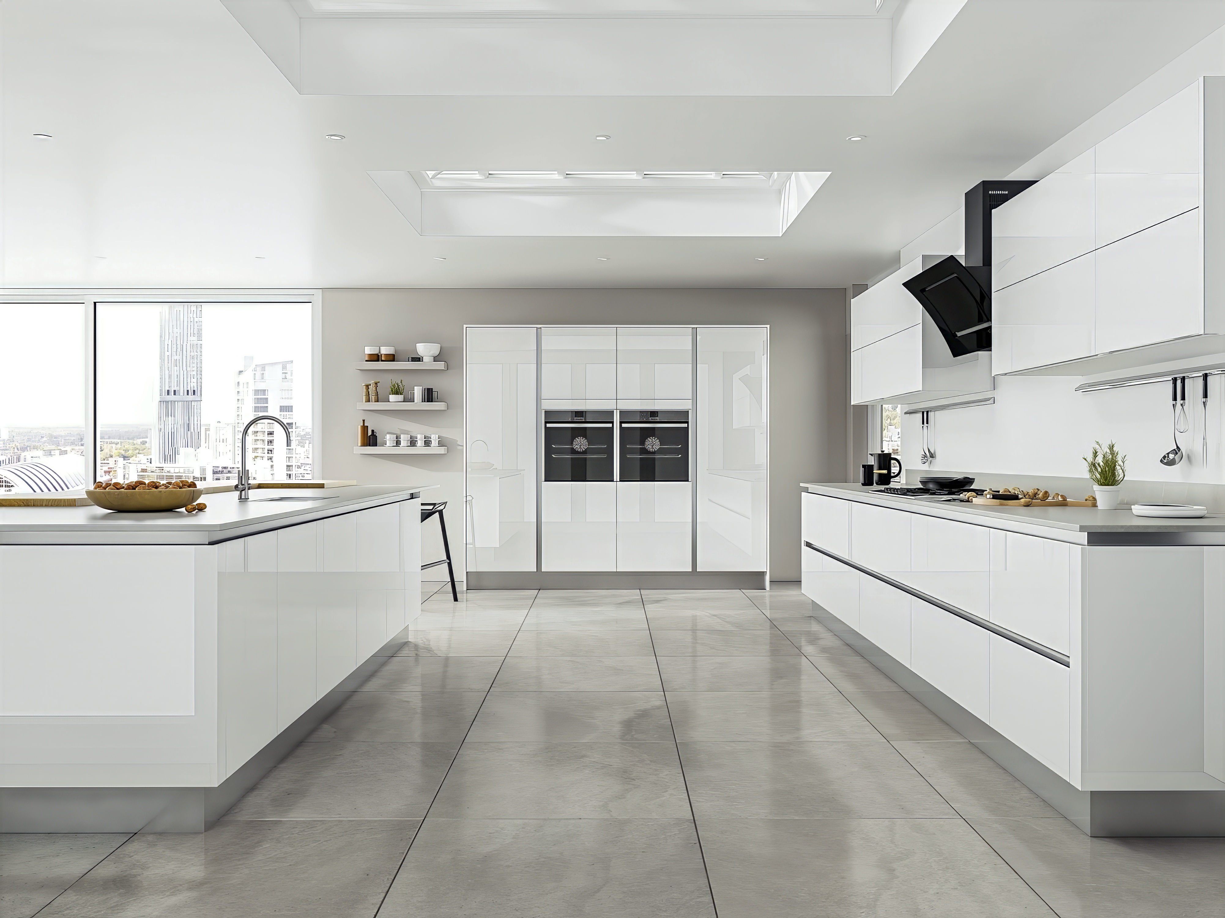 Galley kitchen with white high-gloss handle-less units, a large island, grey worktops, and a skylight