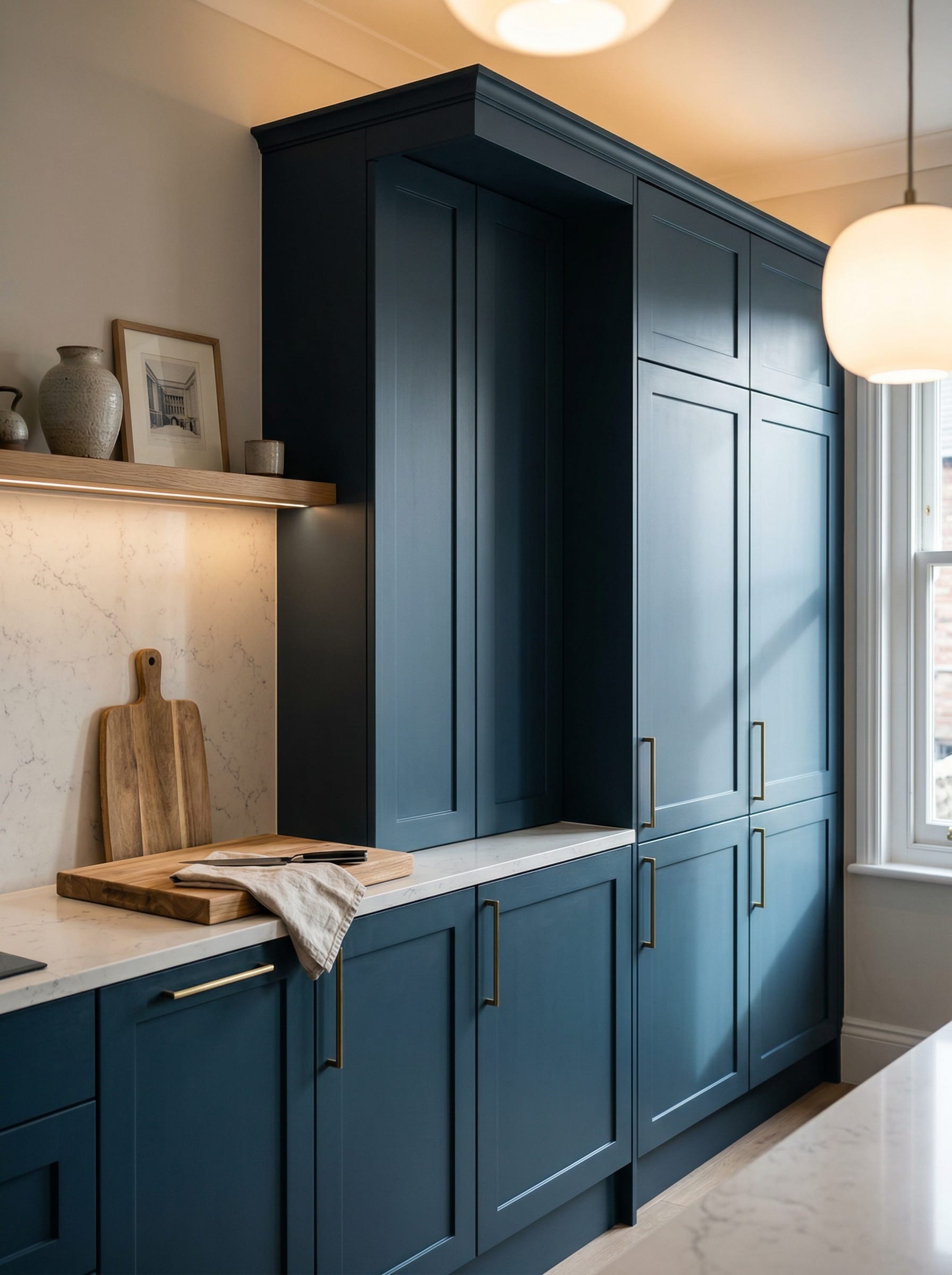 Tall view of full-height bespoke kitchen cabinetry in a North East home, modern shaker cabinetry