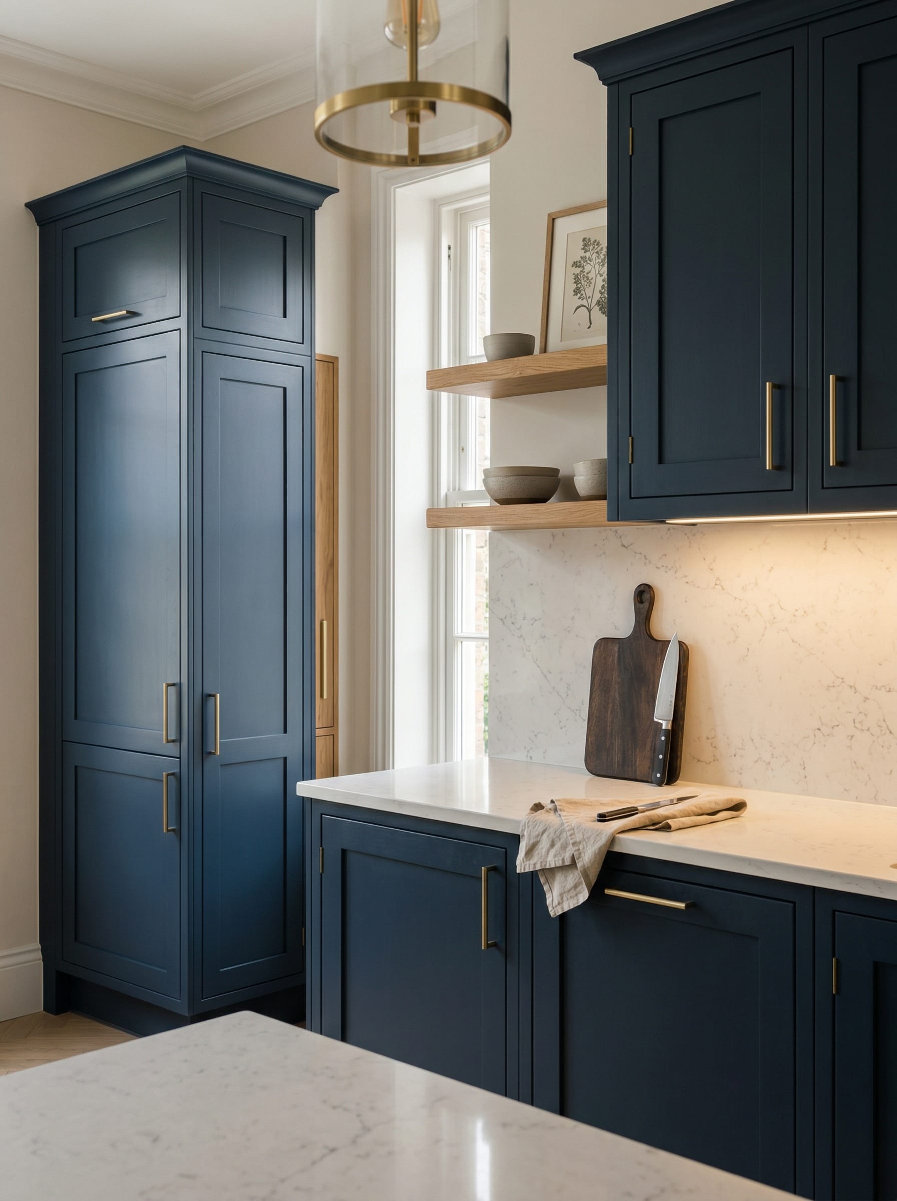 Tall view of full-height bespoke kitchen cabinetry in a South East home, contemporary painted lay-on cabinetry