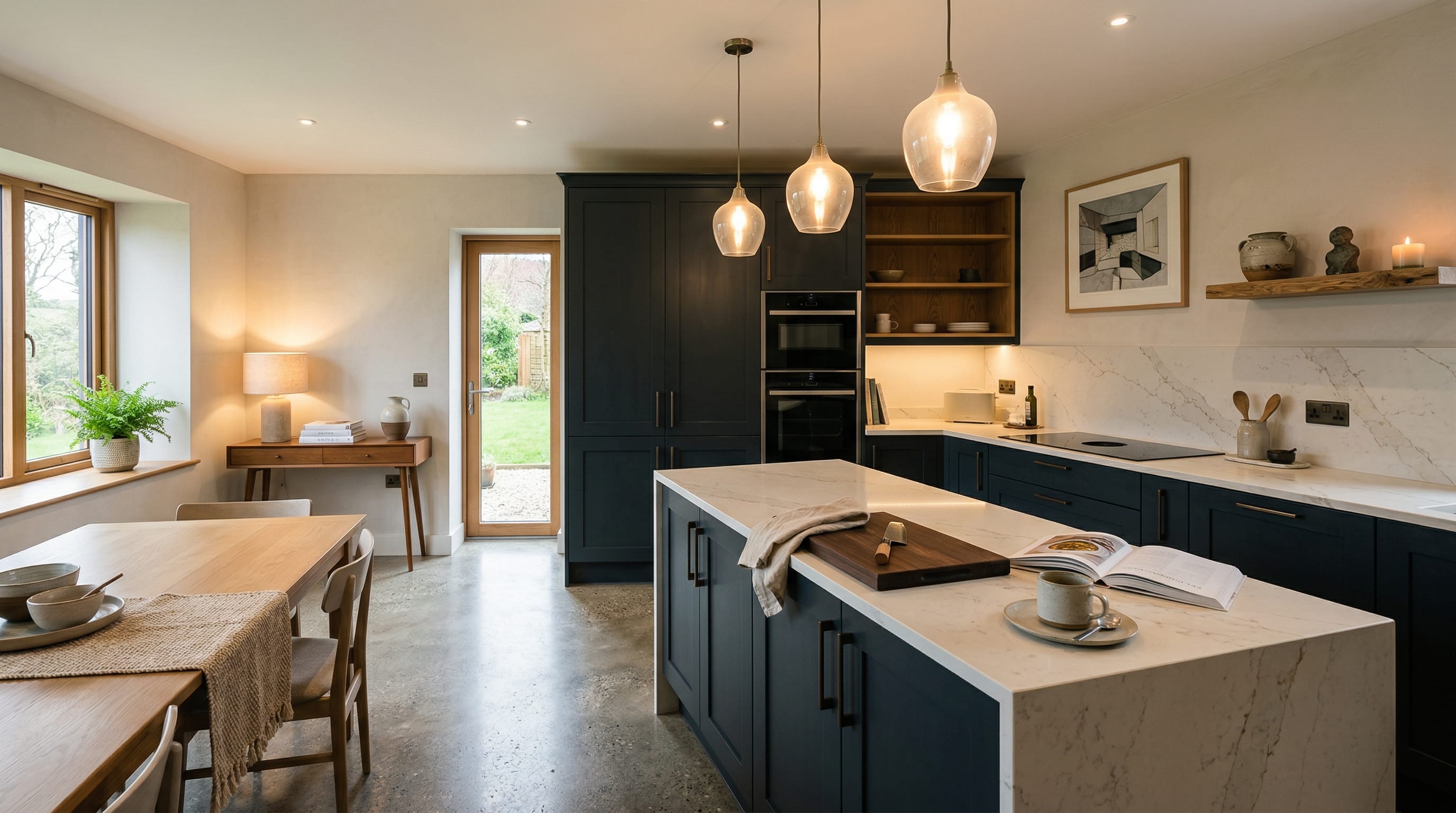 Mastercraft bespoke kitchen in Aberaeron, wide architectural view showing room volume and design quality