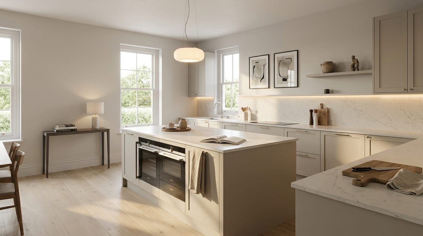 hero_1200x675 Wide view of a newly completed bespoke Mastercraft kitchen, matt painted handleless slab cabinetry in taupe grey tones