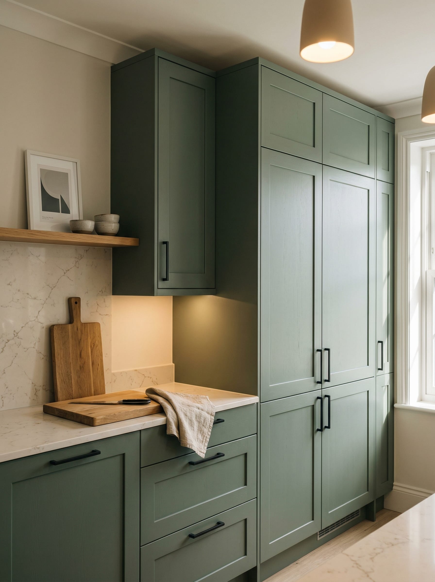 portrait1_600x800 Tall view of full-height bespoke kitchen cabinetry, matt painted handleless slab cabinetry