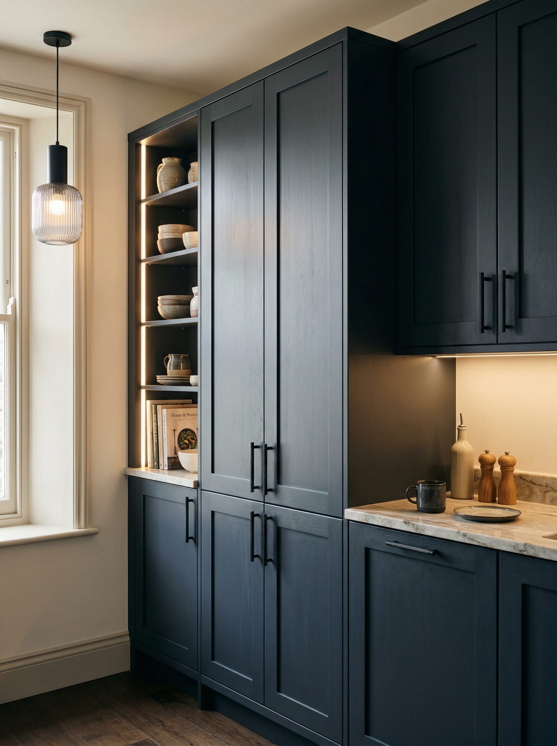 Bespoke kitchen installation, full-height cabinetry and considered storage design