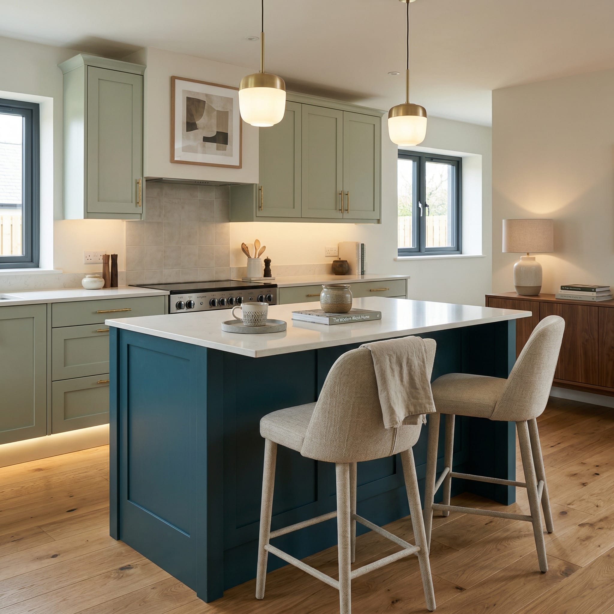 Bespoke kitchen island detail, matt painted handleless slab cabinetry with quality joinery