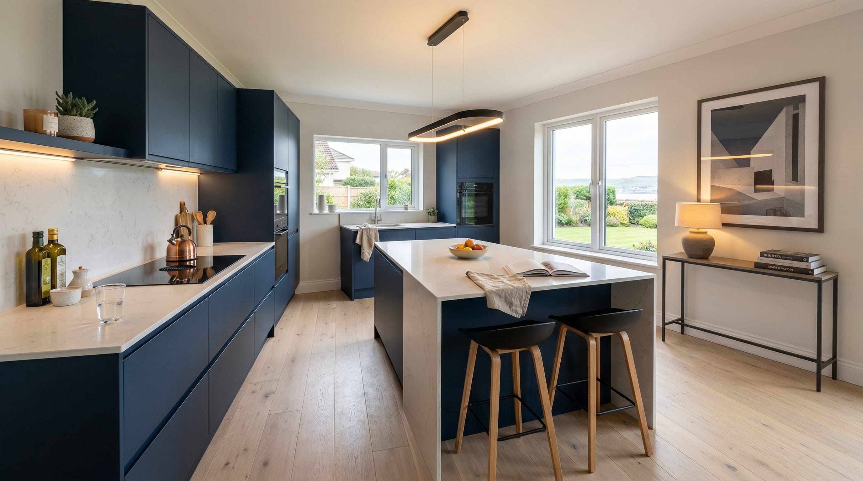 Wide view of a newly completed bespoke Mastercraft kitchen, contemporary painted lay-on cabinetry in shell tones