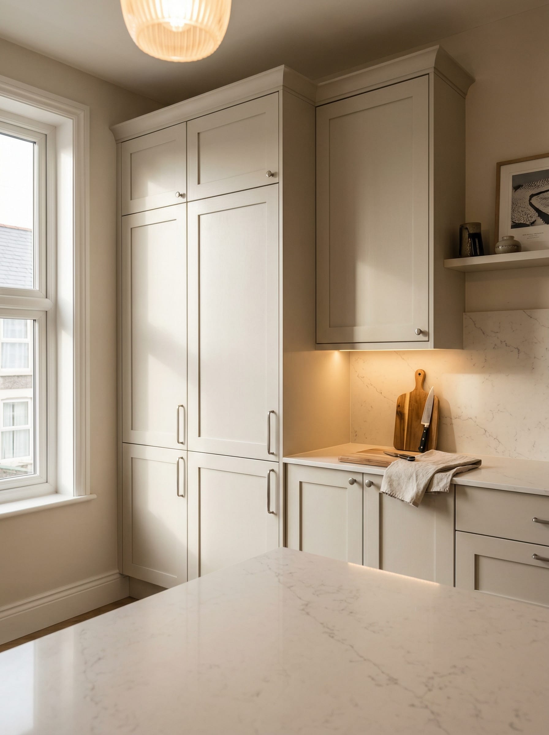 Tall view of full-height bespoke kitchen cabinetry, contemporary painted lay-on cabinetry