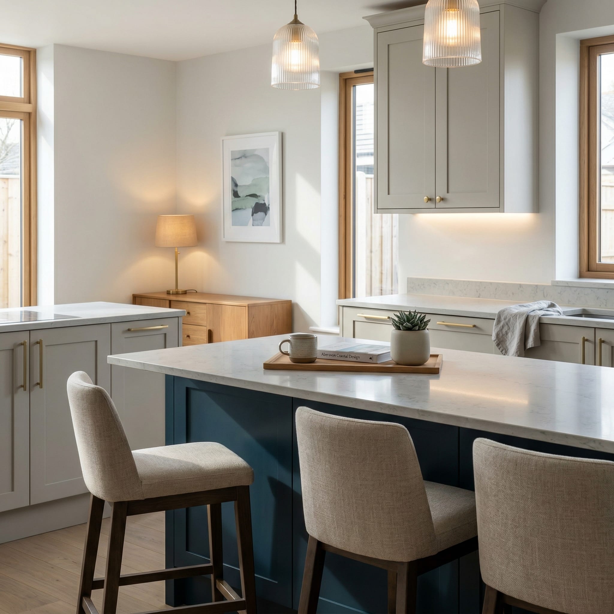 Bespoke kitchen island detail, contemporary painted lay-on cabinetry with quality joinery