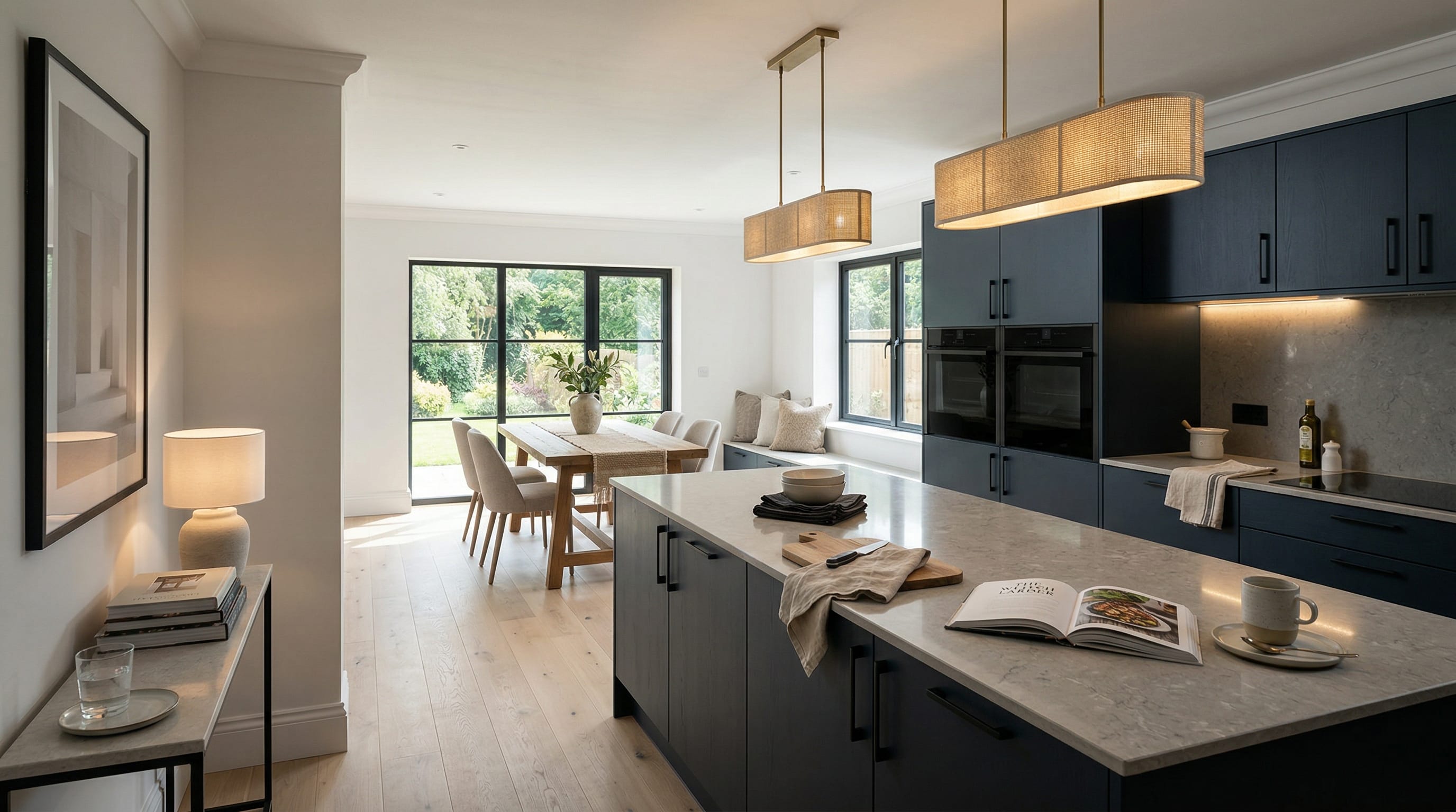 Mastercraft bespoke kitchen in Abercarn, wide architectural view showing room volume and design quality