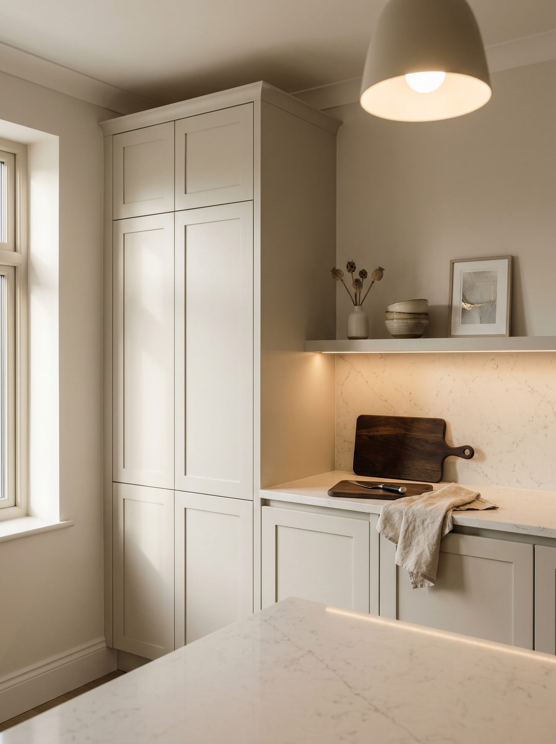 Tall view of full-height bespoke kitchen cabinetry, matt painted handleless slab cabinetry