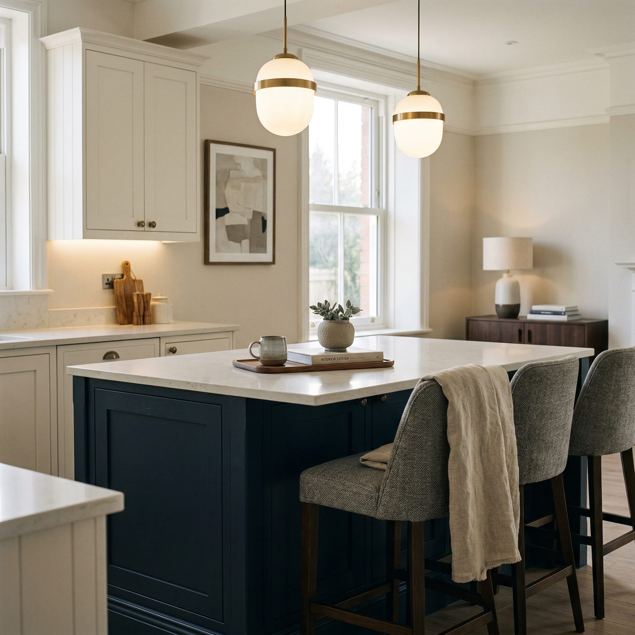 Bespoke kitchen island detail, matt painted handleless slab cabinetry with quality joinery