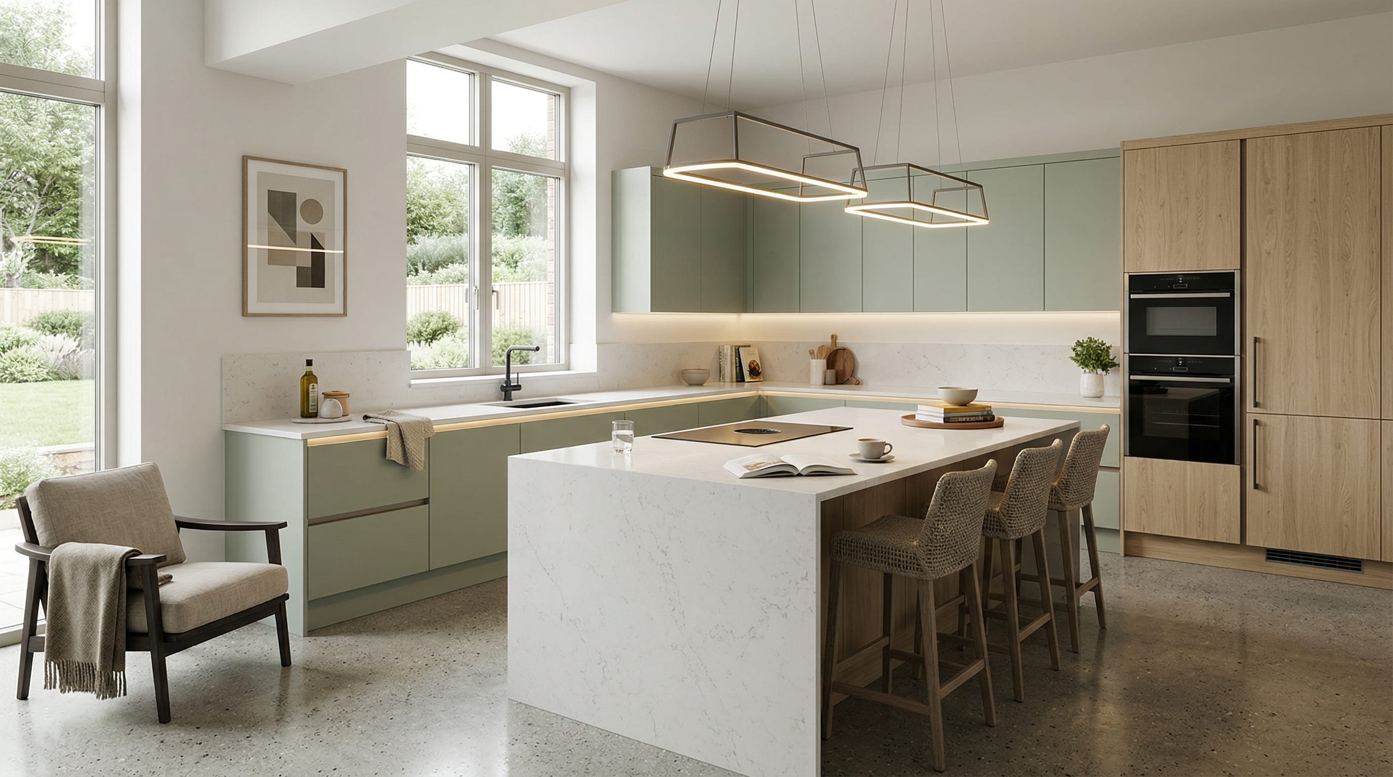 hero_1200x675 Wide view of a newly completed bespoke Mastercraft kitchen, contemporary painted lay-on cabinetry in heritage green tones