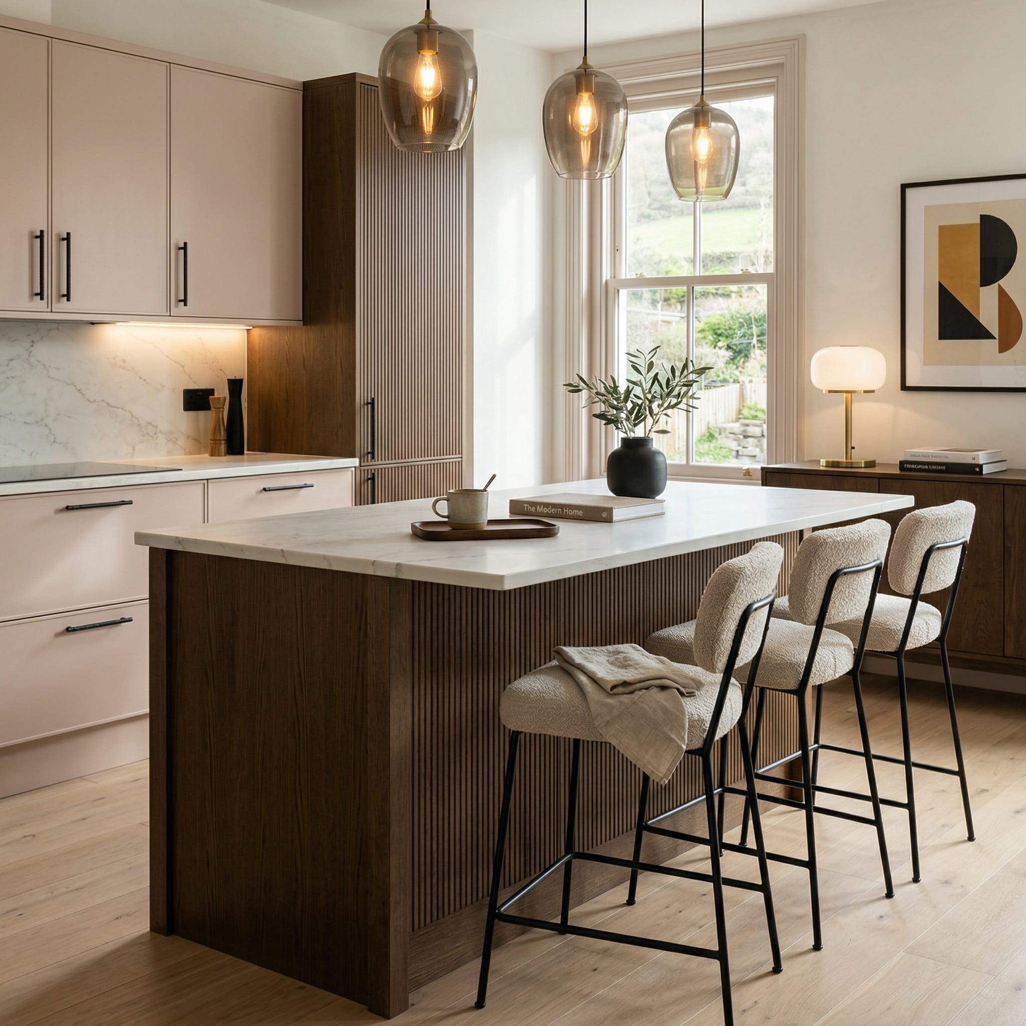 Bespoke kitchen island detail, contemporary painted lay-on cabinetry with quality joinery