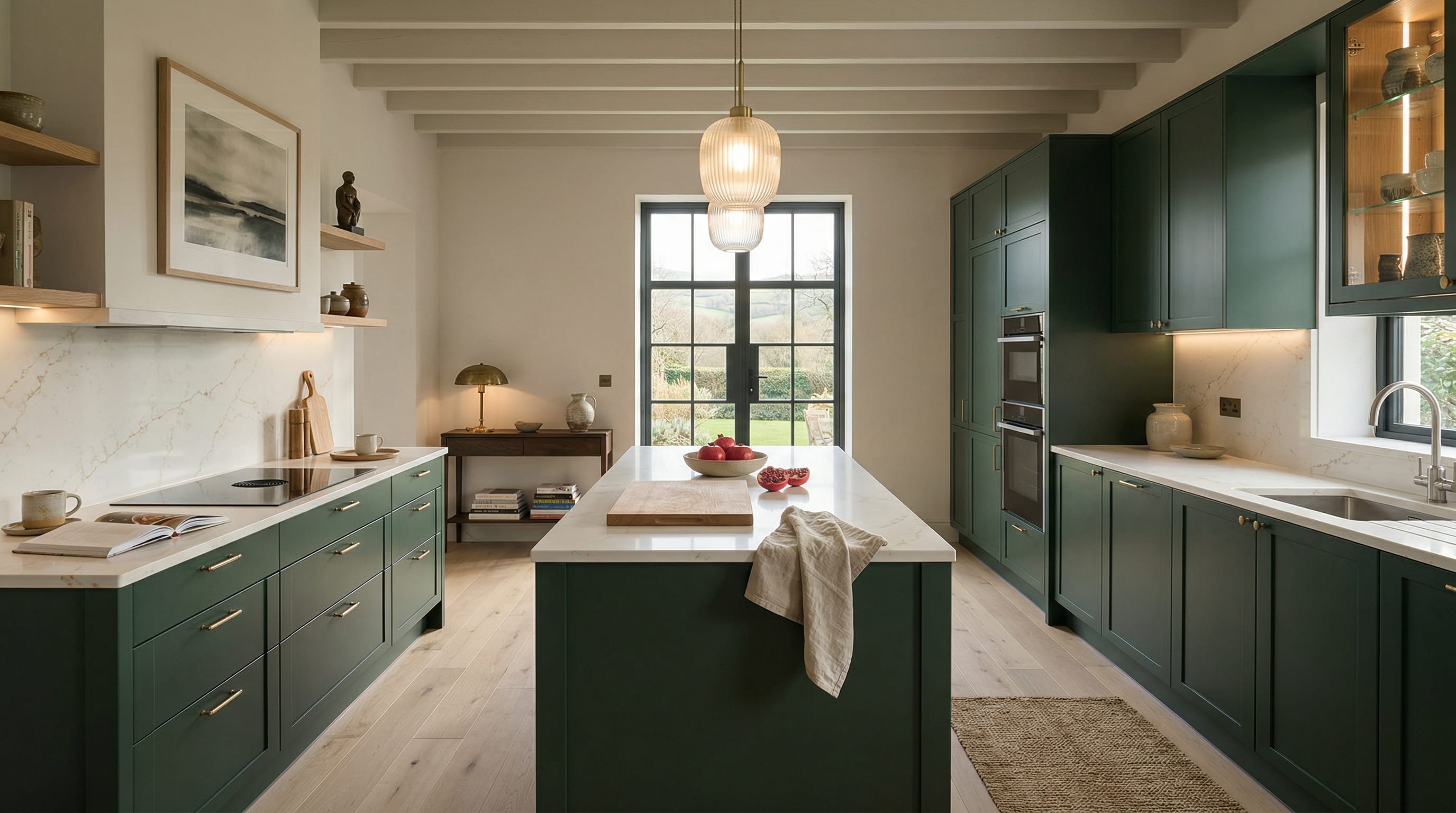 hero_1200x675 Wide view of a newly completed bespoke Mastercraft kitchen, matt painted handleless slab cabinetry in slate blue tones