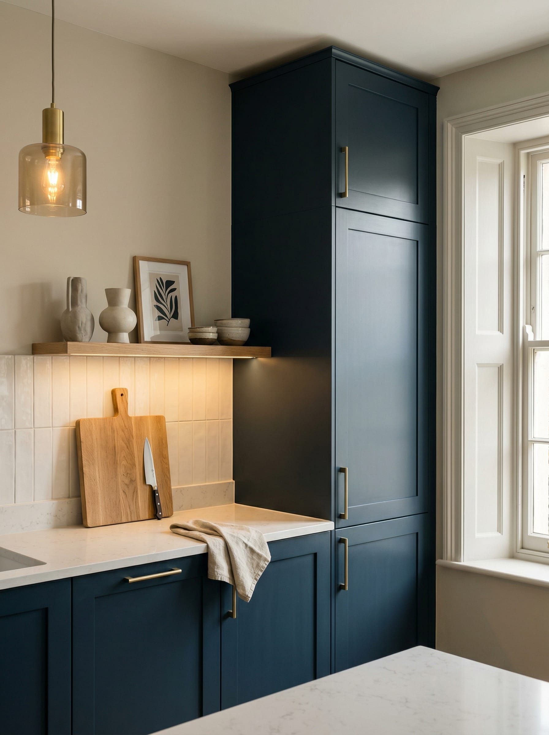 Tall view of full-height bespoke kitchen cabinetry, matt painted handleless slab cabinetry