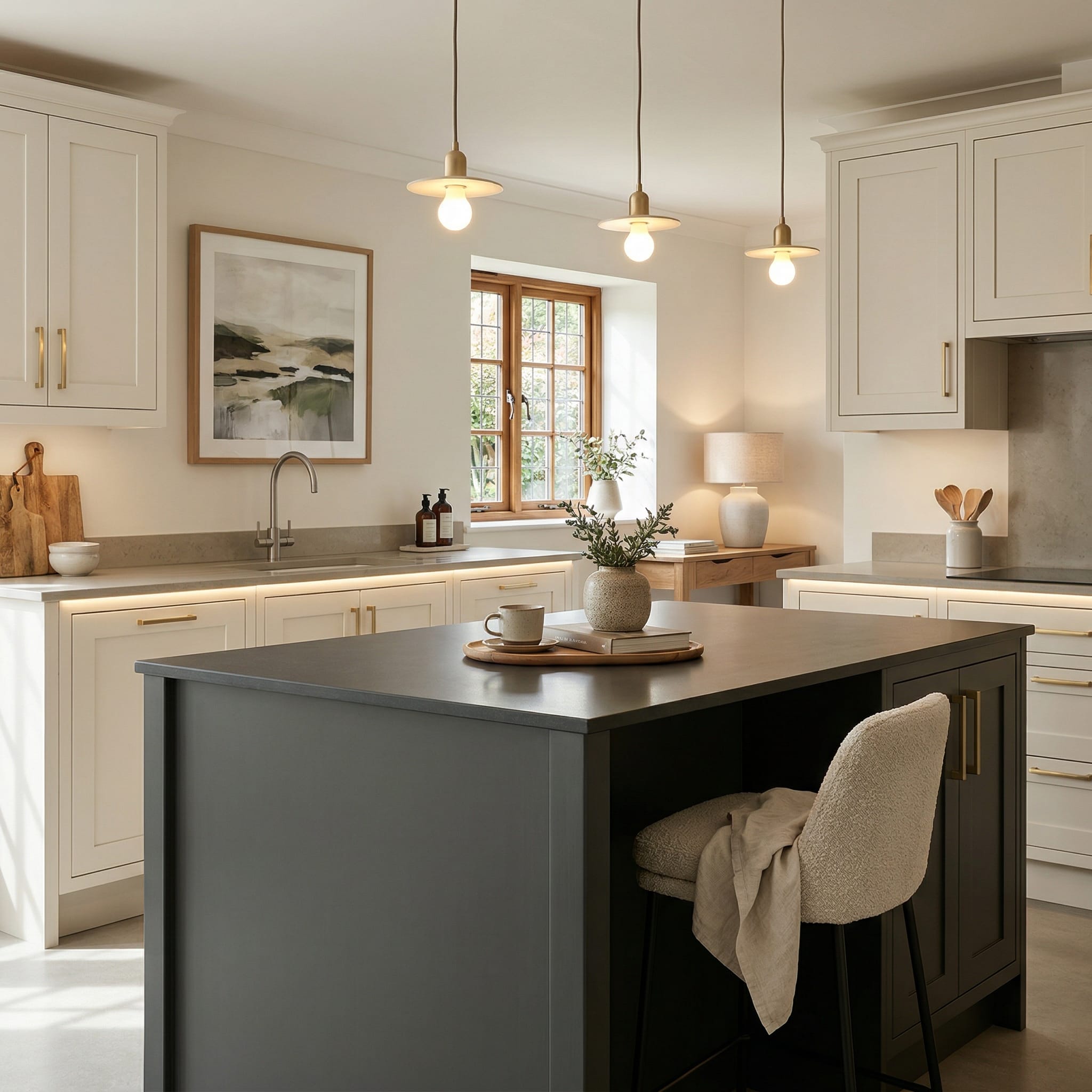 Bespoke kitchen island detail, matt painted handleless slab cabinetry with quality joinery