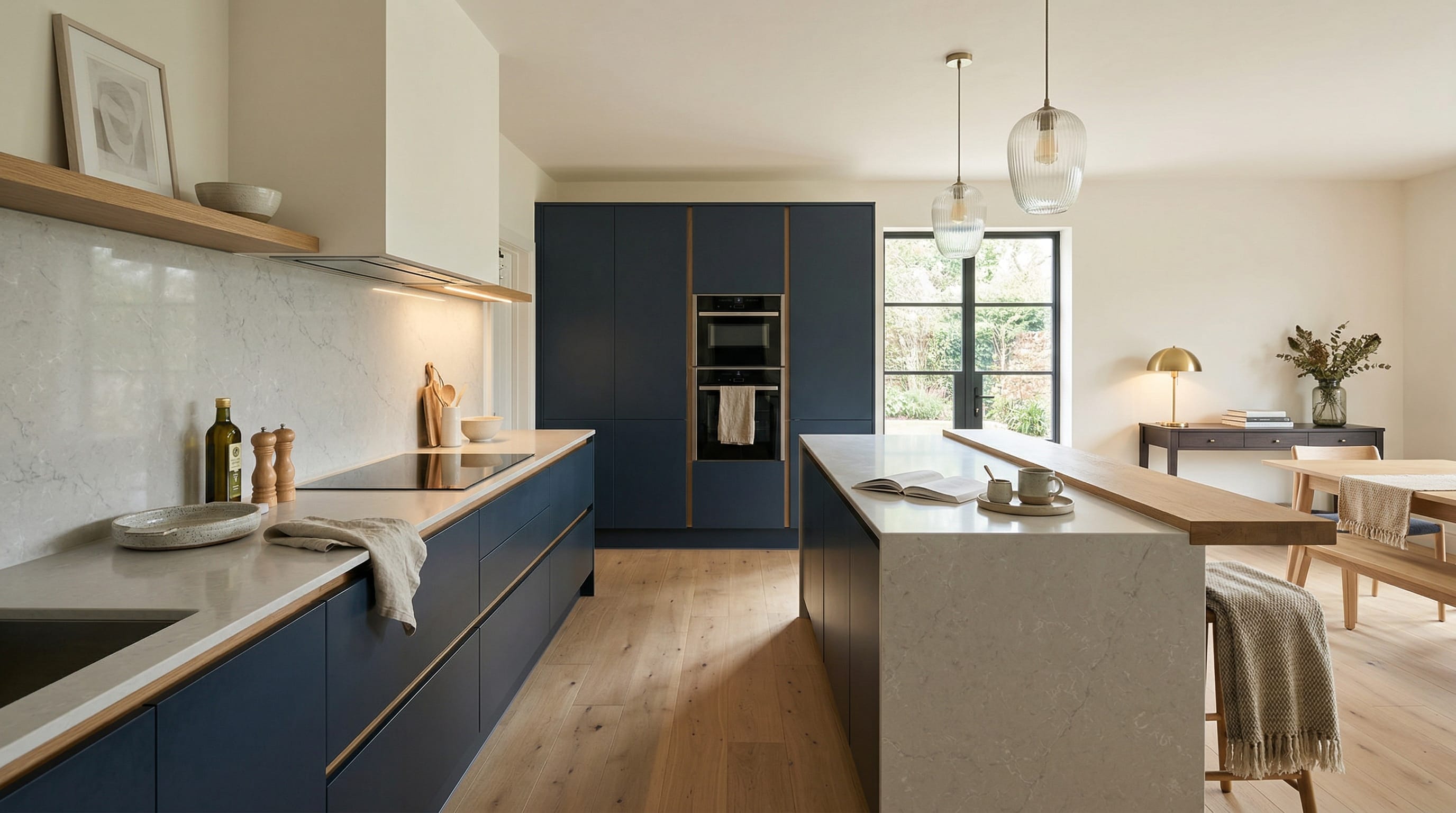 Mastercraft bespoke kitchen in Abersychan, wide architectural view showing room volume and design quality