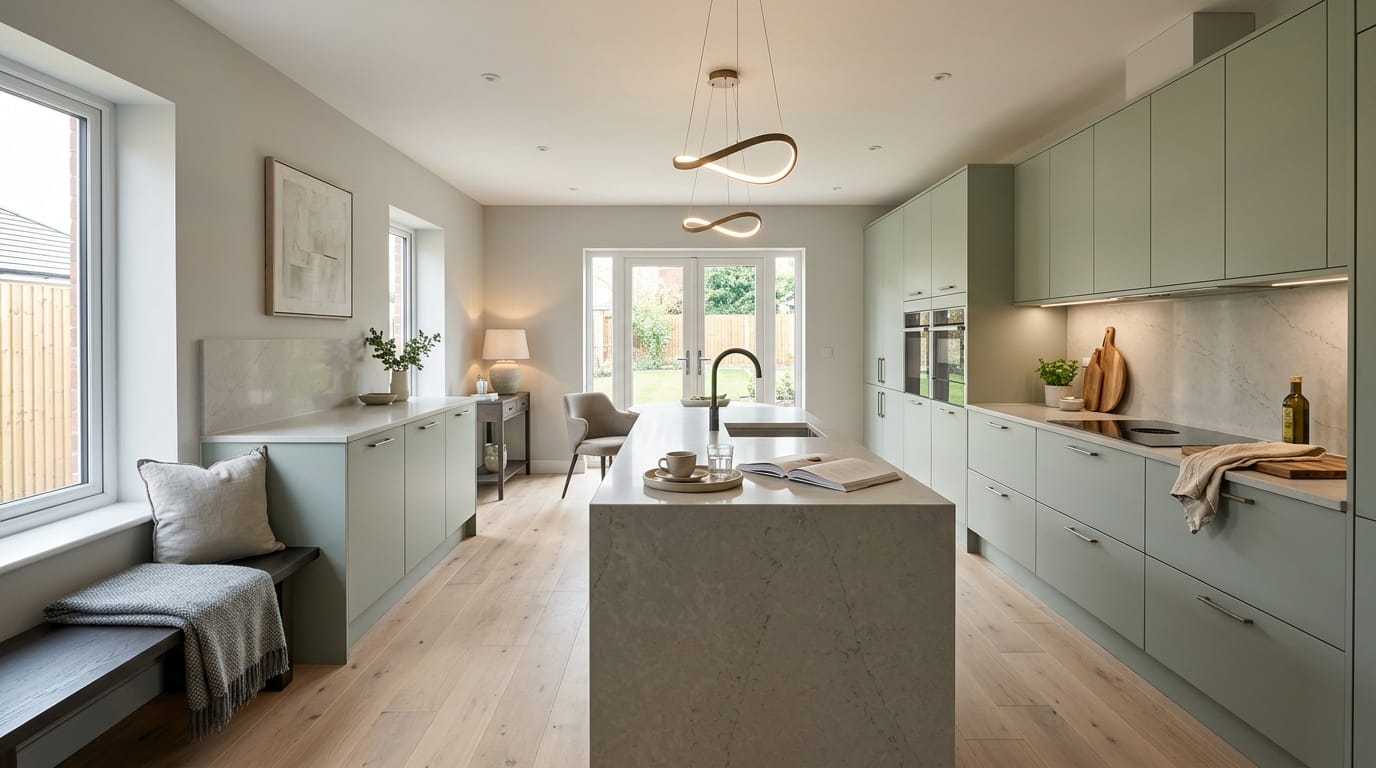Wide view of a newly completed bespoke Mastercraft kitchen, contemporary painted lay-on cabinetry in stone grey tones