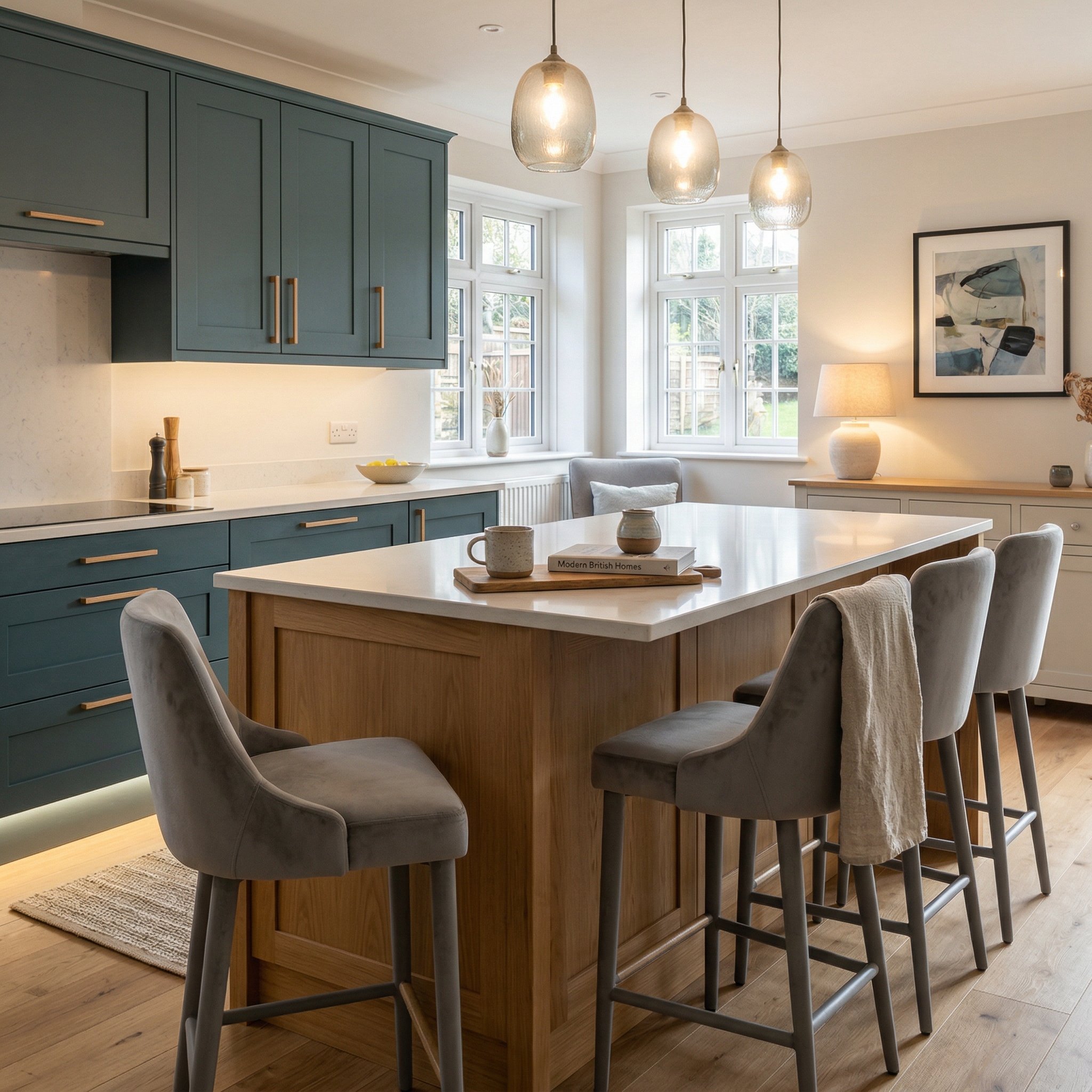 Bespoke kitchen island detail, contemporary painted lay-on cabinetry with quality joinery