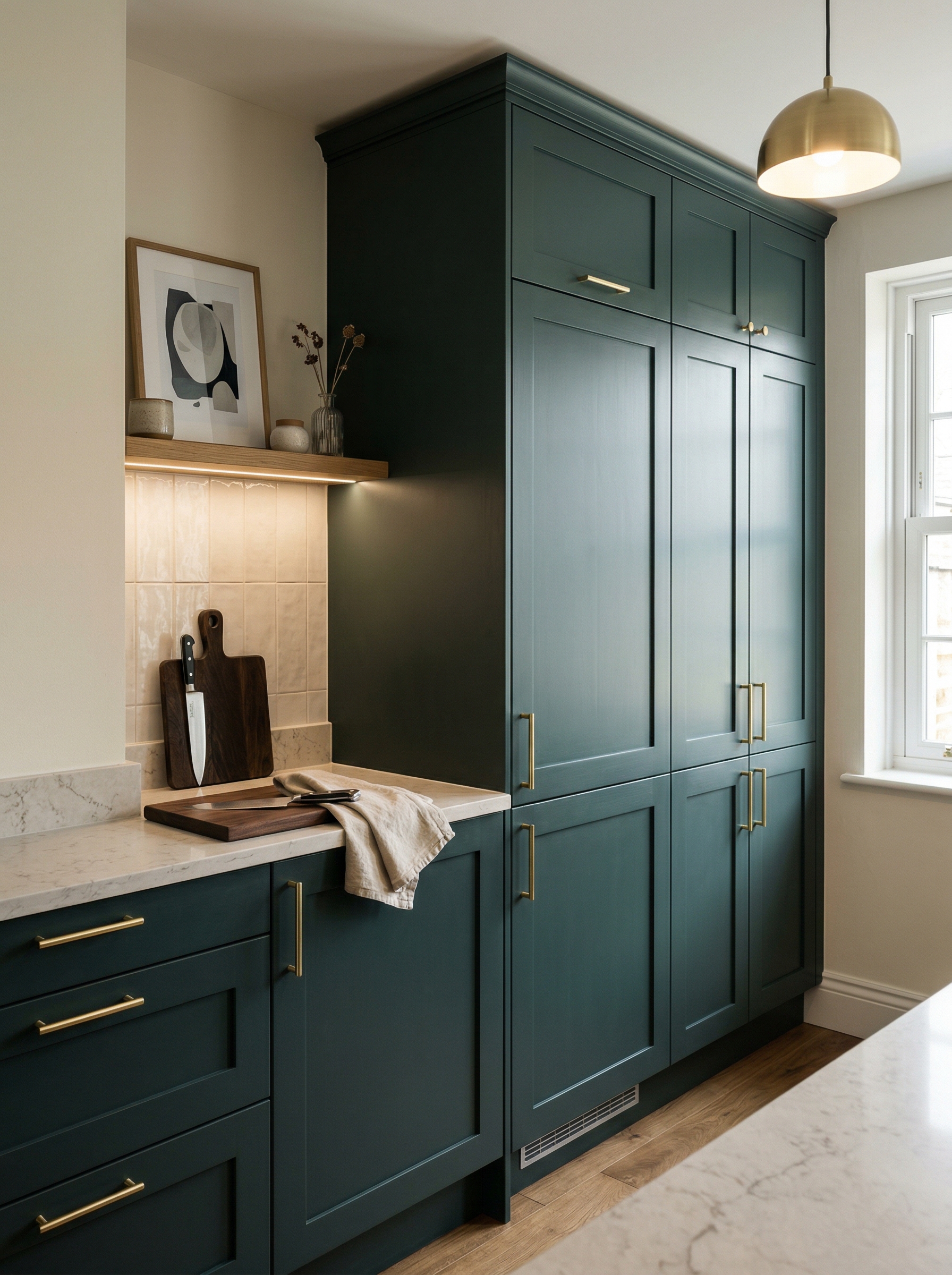 Tall view of full-height bespoke kitchen cabinetry, matt painted handleless slab cabinetry