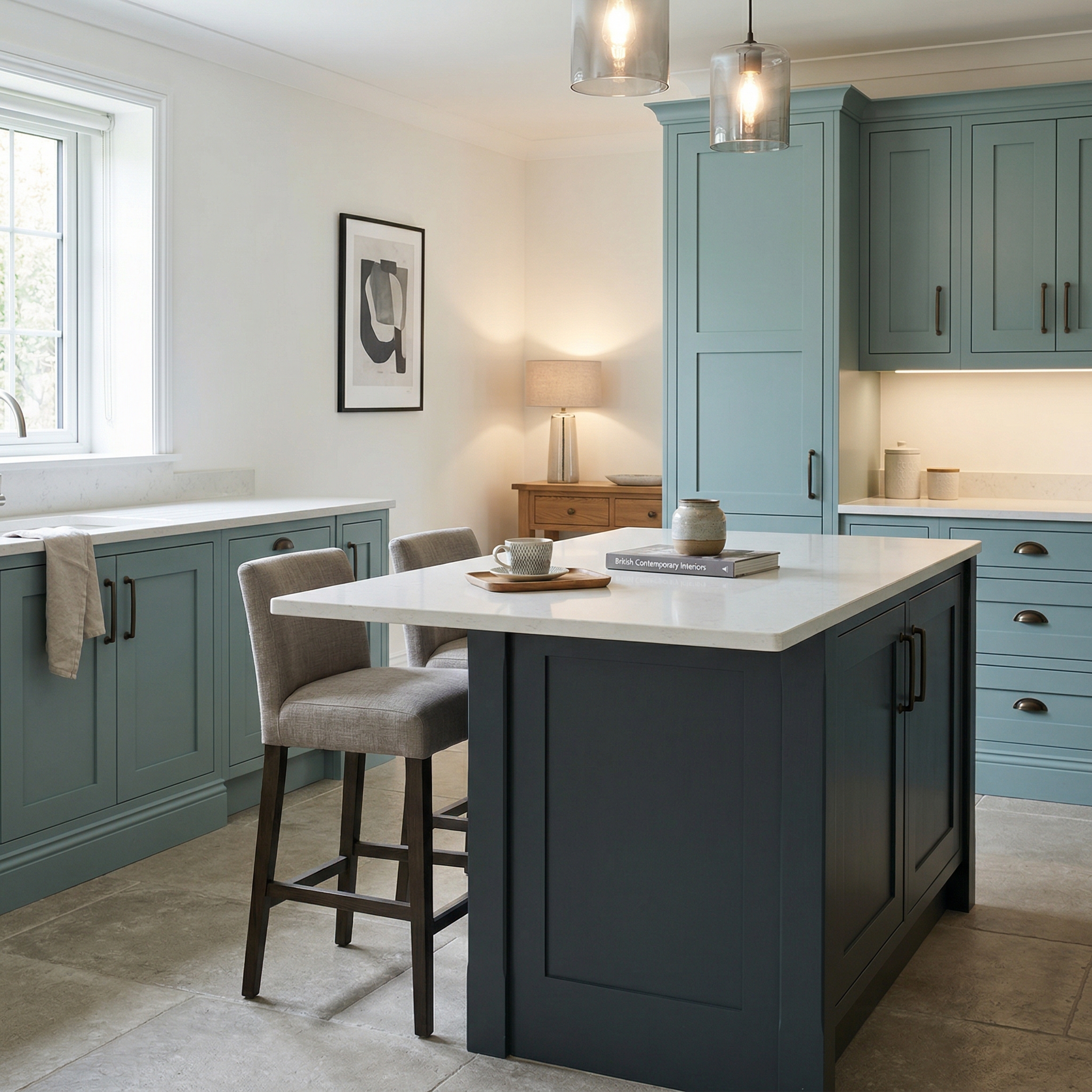 Bespoke kitchen island detail, matt painted handleless slab cabinetry with quality joinery