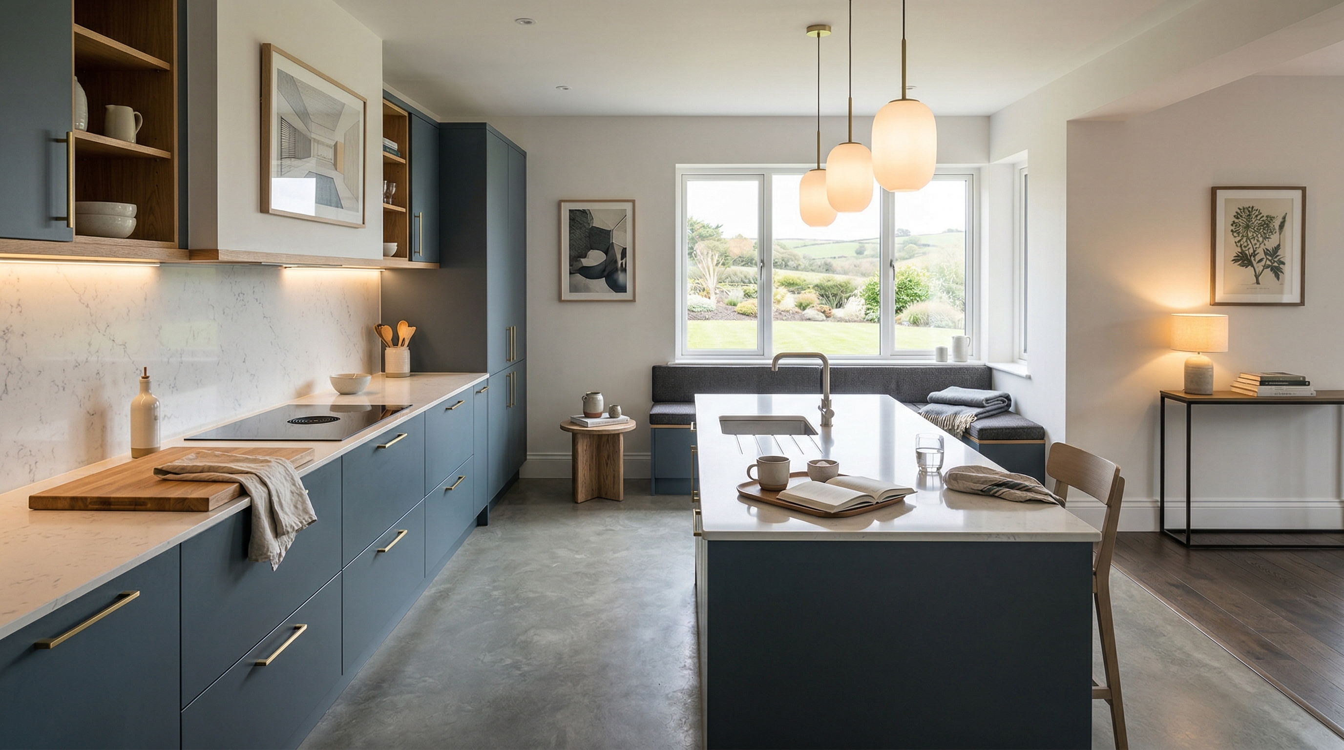 Mastercraft bespoke kitchen in Aberystwyth, wide architectural view showing room volume and design quality