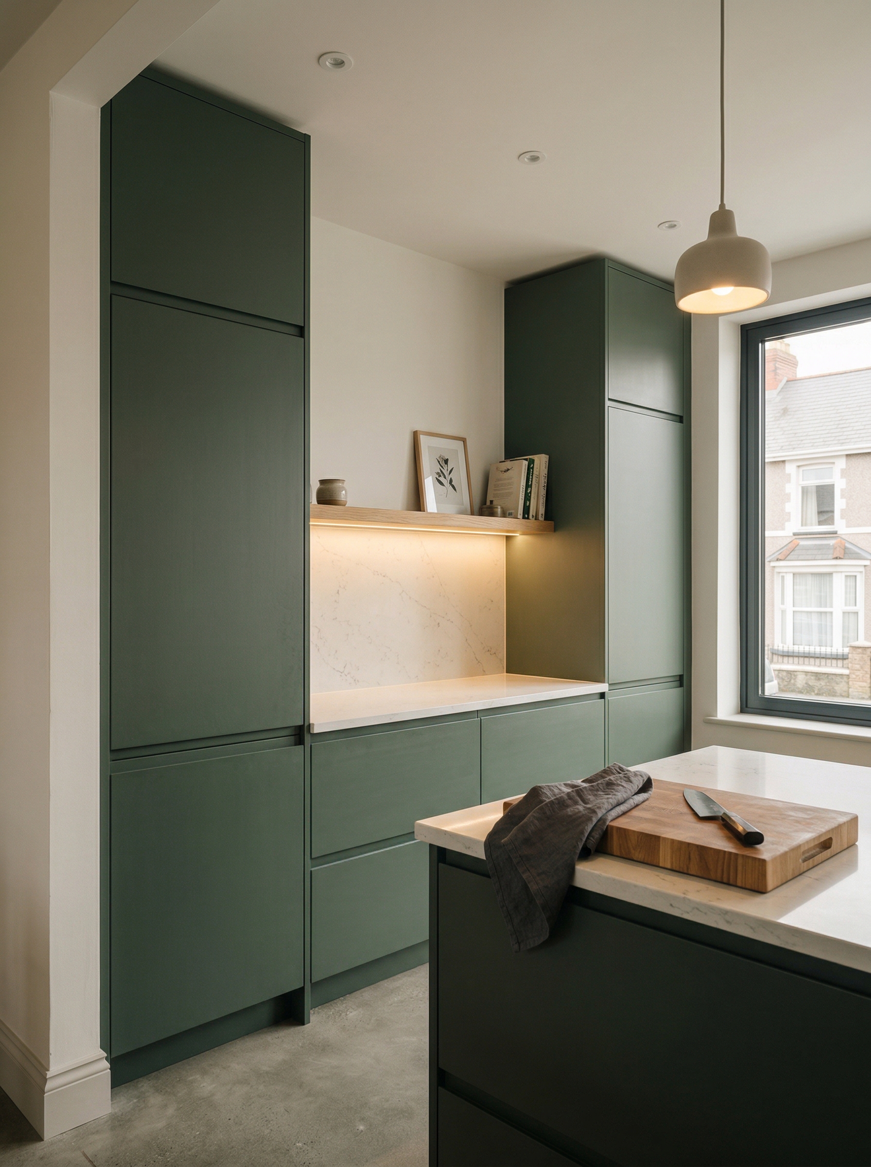 portrait1_600x800 Tall view of full-height bespoke kitchen cabinetry, matt painted handleless slab cabinetry
